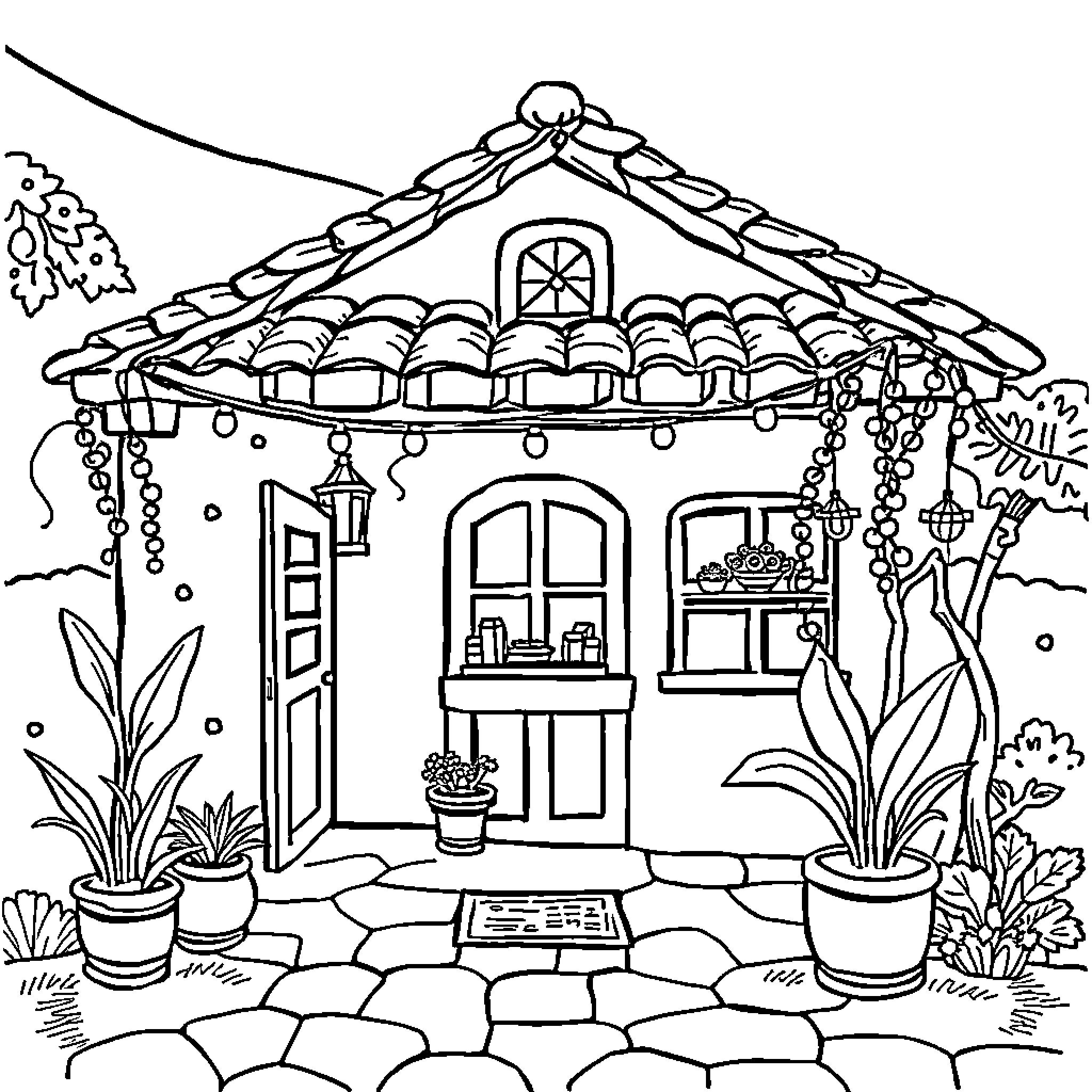 House with ornate roof and decorations in outdoor garden Coloring Page (free black-and-white line drawing printable PDF for all, from beginners to advanced learners, including children, teens, adults, and seniors)