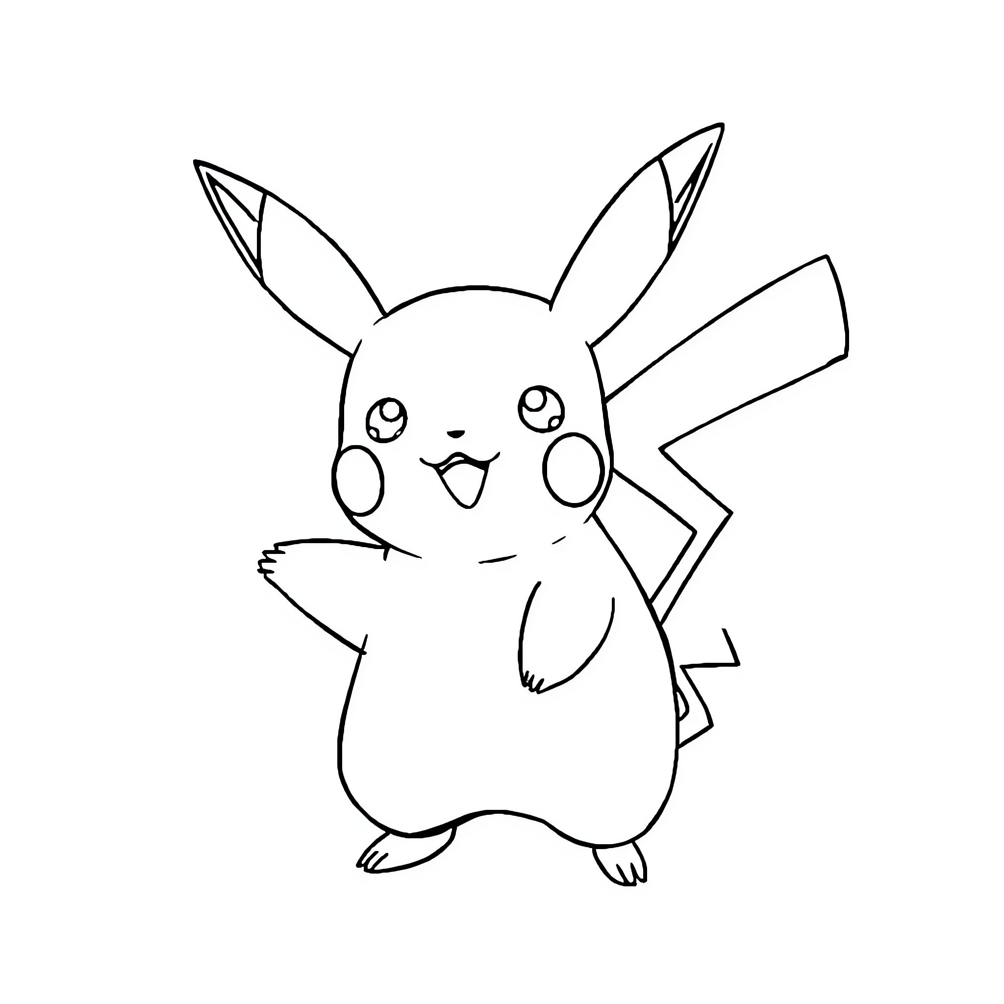Pikachu cheerfully waving Coloring Page (free black-and-white line drawing printable PDF for all, from beginners to advanced learners, including children, teens, adults, and seniors)