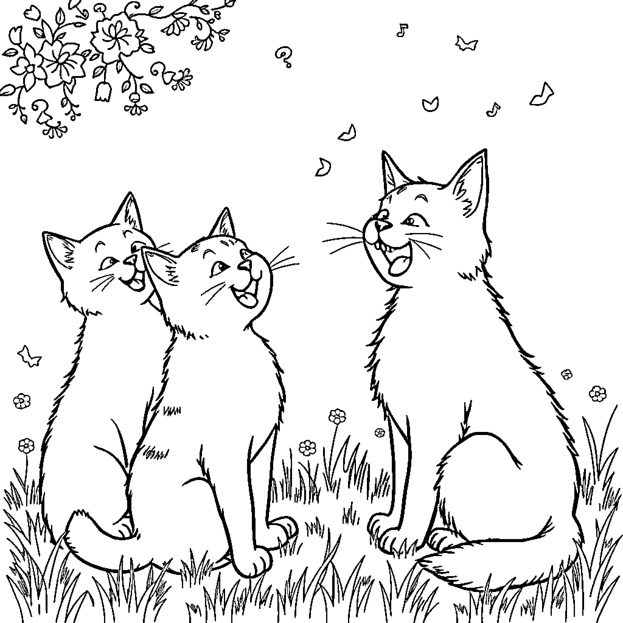 Cats playing happily in a floral field Coloring Page (free black-and-white line drawing printable PDF for all, from beginners to advanced learners, including children, teens, adults, and seniors)