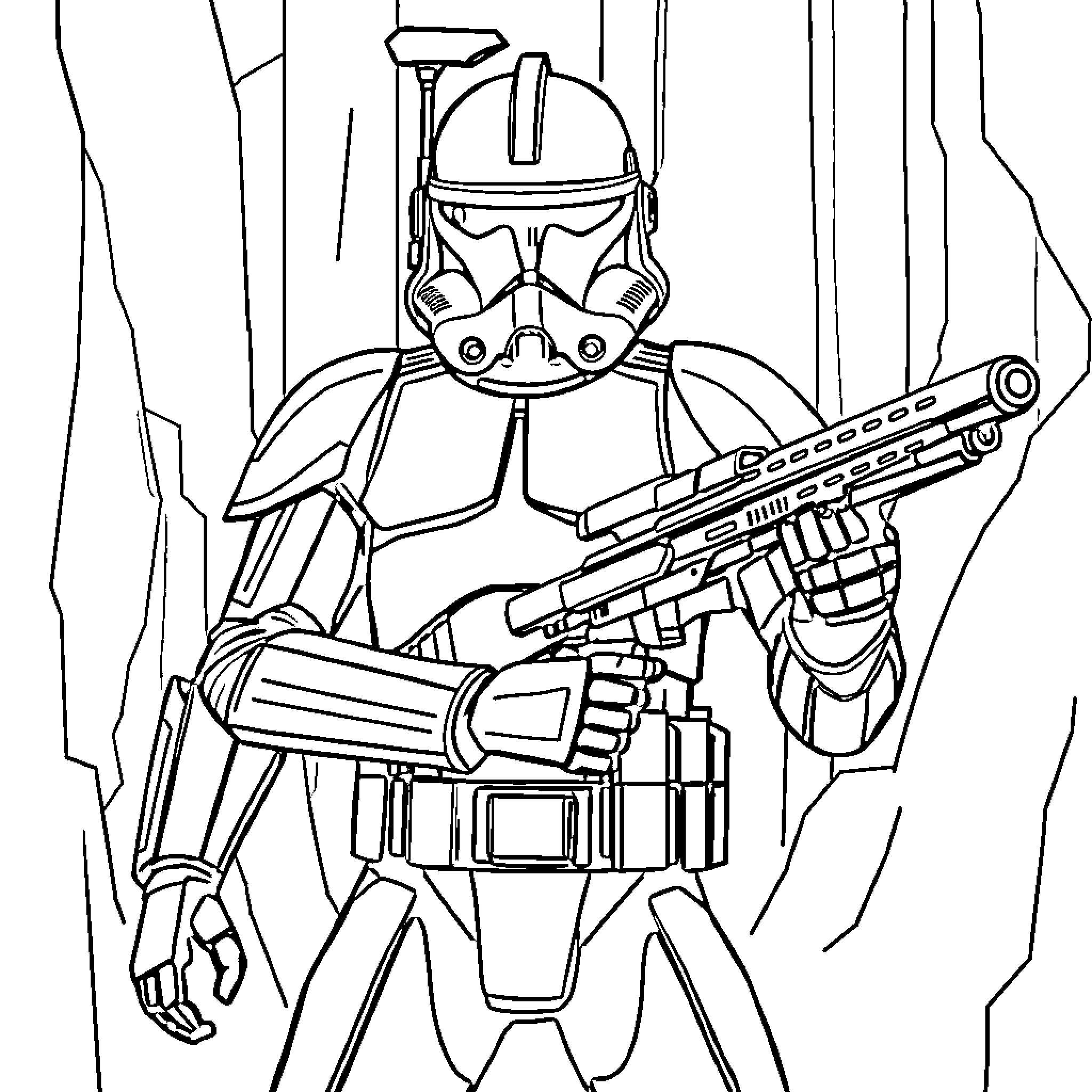 Clone Trooper in Action Pose with Blaster Coloring Page (free black-and-white line drawing printable PDF for all, from beginners to advanced learners, including children, teens, adults, and seniors)
