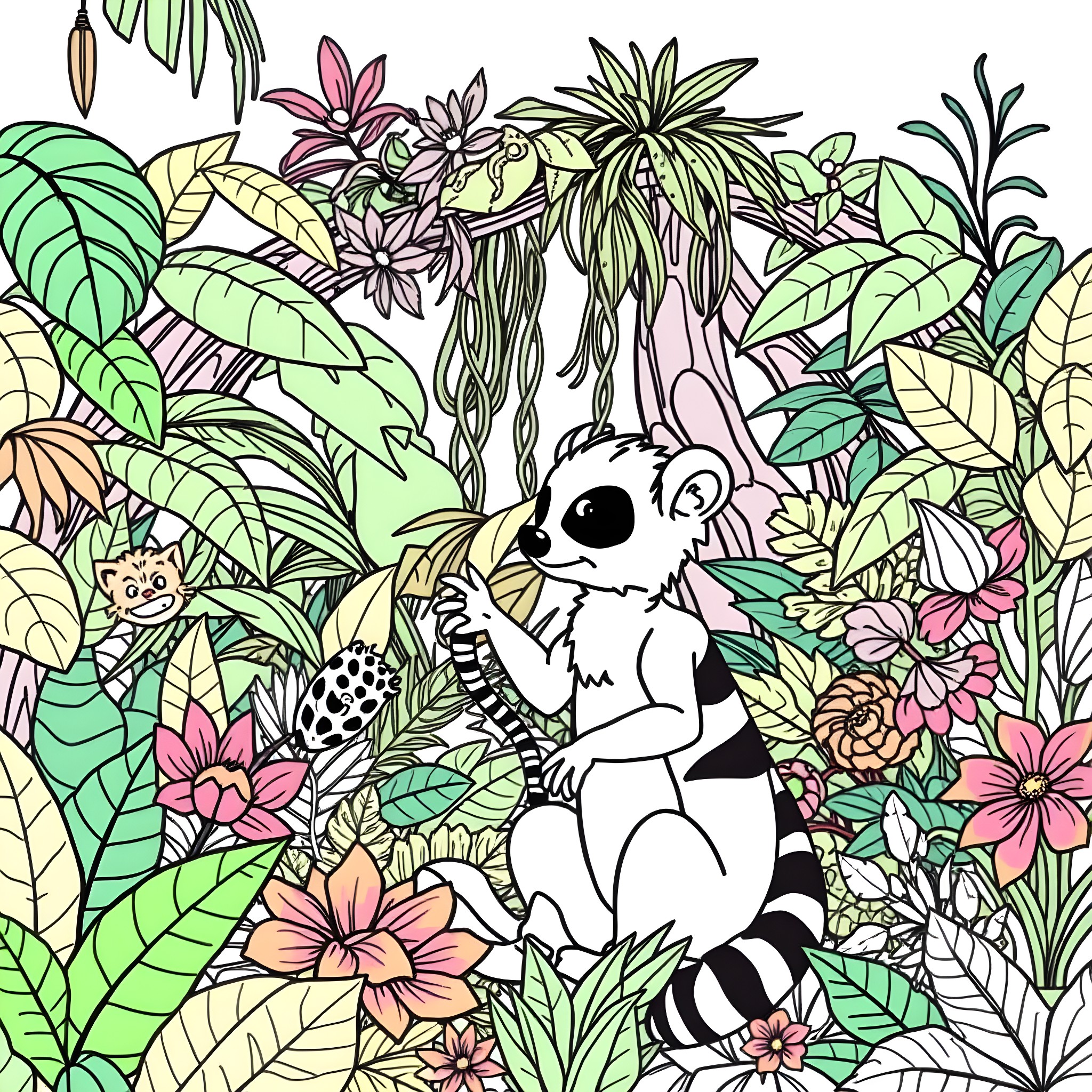 Zoboomafoo exploring vibrant tropical foliage Coloring Page (free black-and-white line drawing printable PDF for all, from beginners to advanced learners, including children, teens, adults, and seniors)