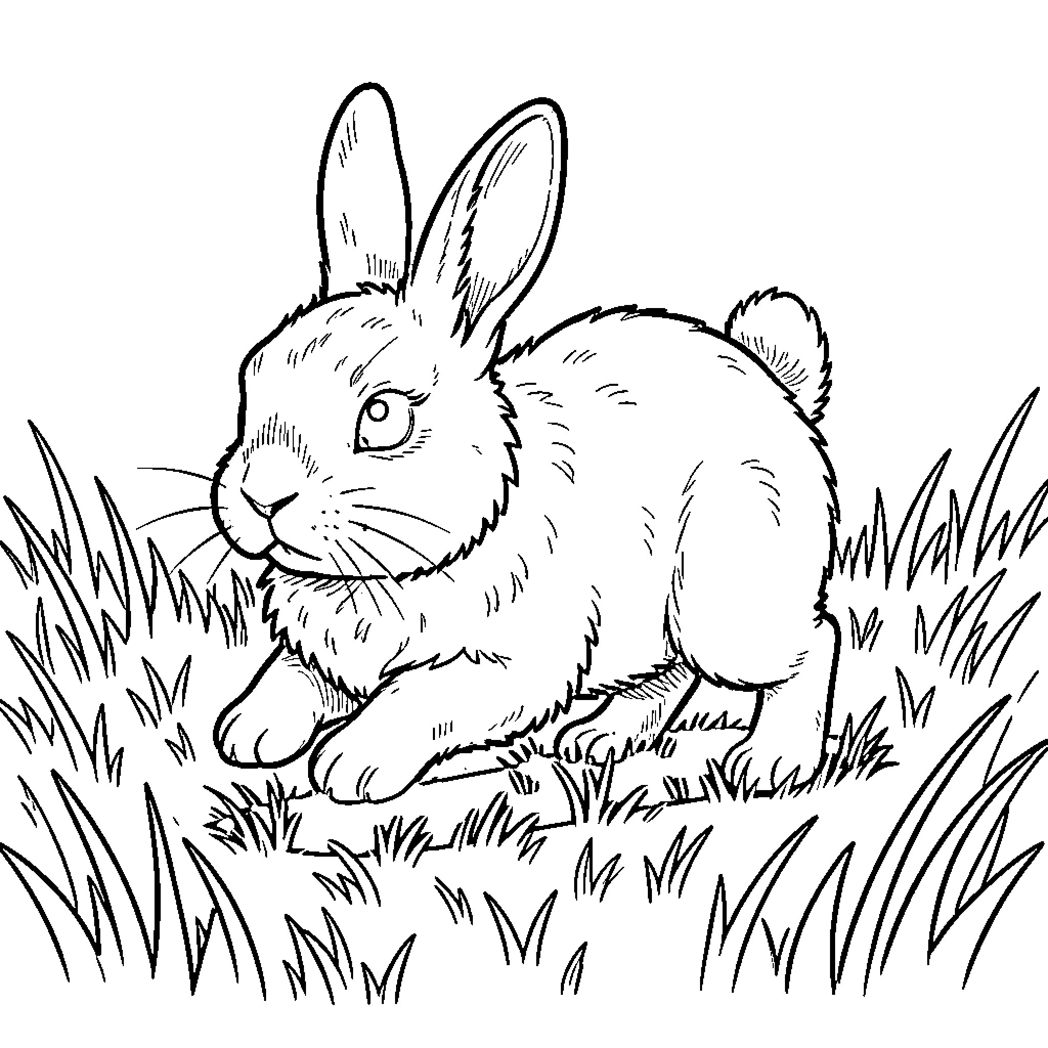 Bunny resting calmly in the grassy meadow Coloring Page (free black-and-white line drawing printable PDF for all, from beginners to advanced learners, including children, teens, adults, and seniors)