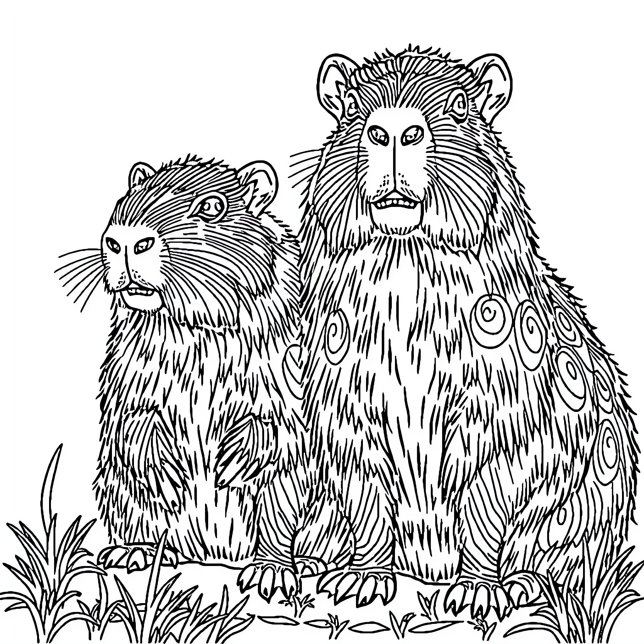 Capybara pair in the wild Coloring Page (free black-and-white line drawing printable PDF for all, from beginners to advanced learners, including children, teens, adults, and seniors)