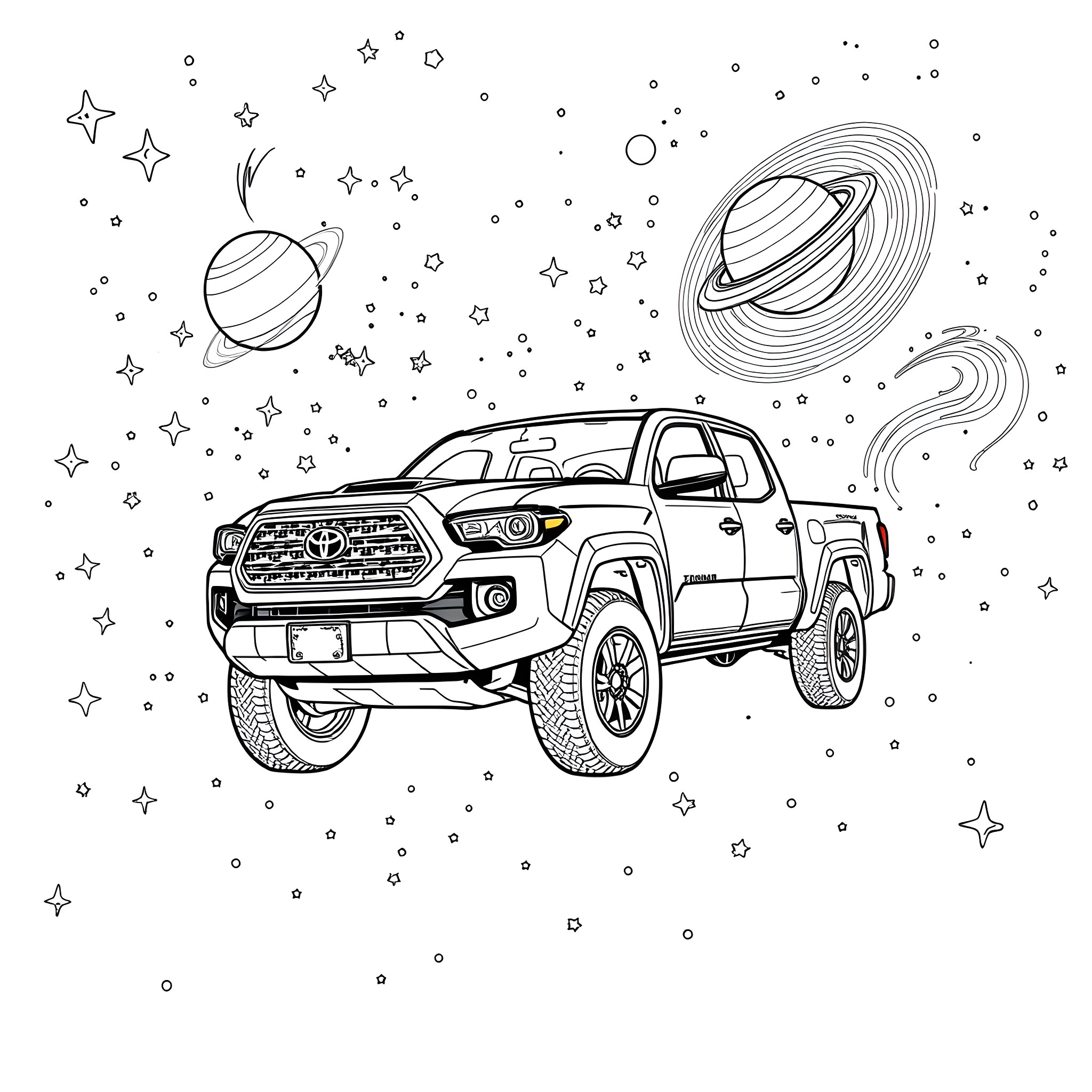 Tacoma truck cruising through the cosmic landscape Coloring Page (free black-and-white line drawing printable PDF for all, from beginners to advanced learners, including children, teens, adults, and seniors)