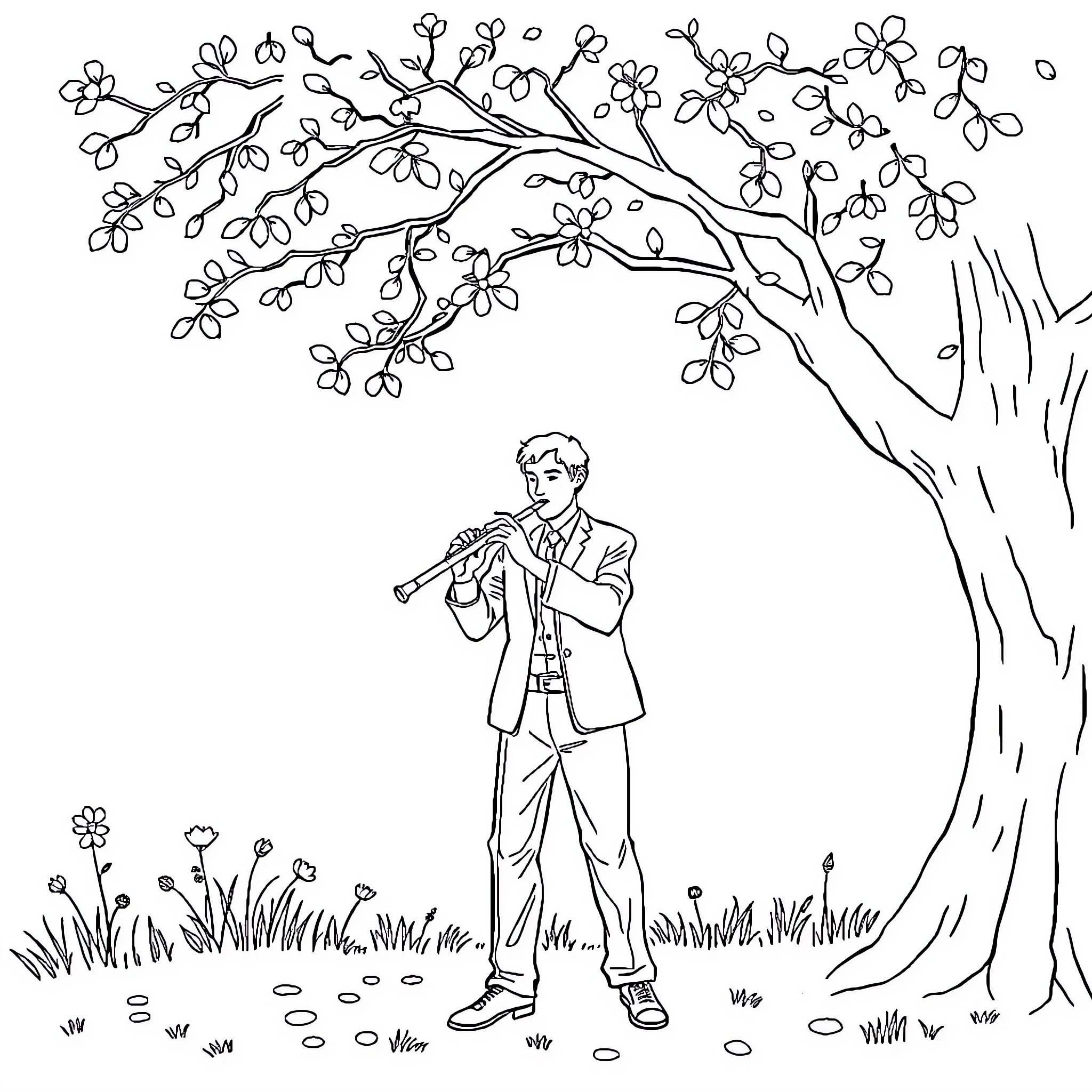 Flute Player Serenading Under Cherry Blossom Tree Coloring Page (free black-and-white line drawing printable PDF for all, from beginners to advanced learners, including children, teens, adults, and seniors)