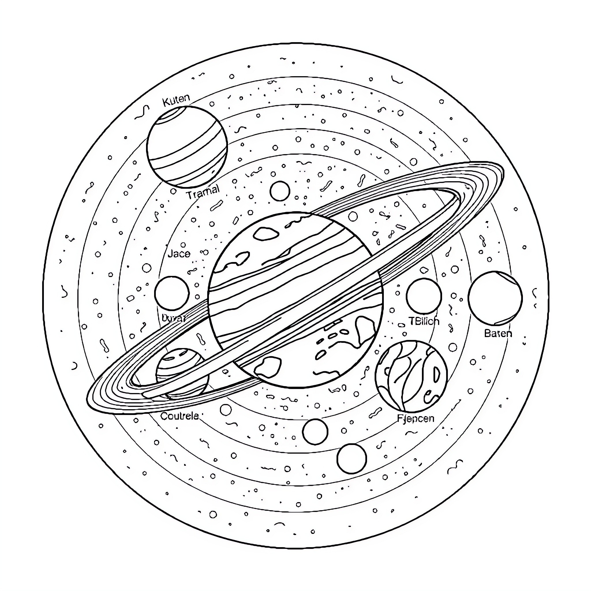 Solar System planets and celestial objects Coloring Page (free black-and-white line drawing printable PDF for all, from beginners to advanced learners, including children, teens, adults, and seniors)