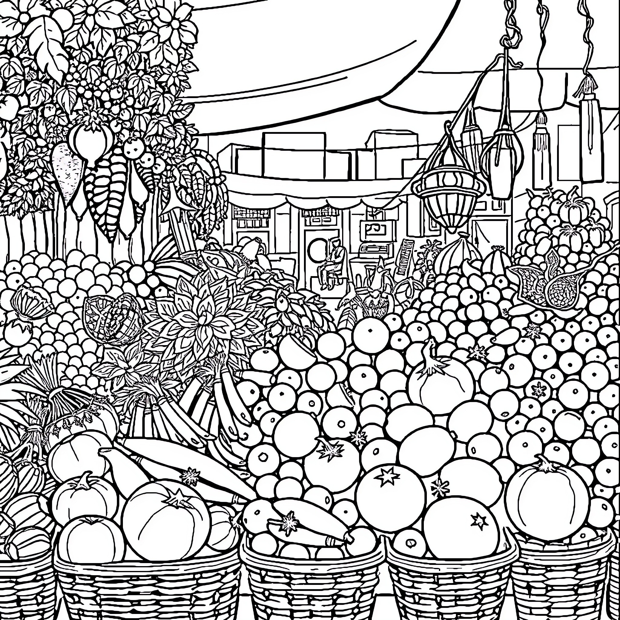 Vegetable market with intricate patterns and details Coloring Page (free black-and-white line drawing printable PDF for all, from beginners to advanced learners, including children, teens, adults, and seniors)