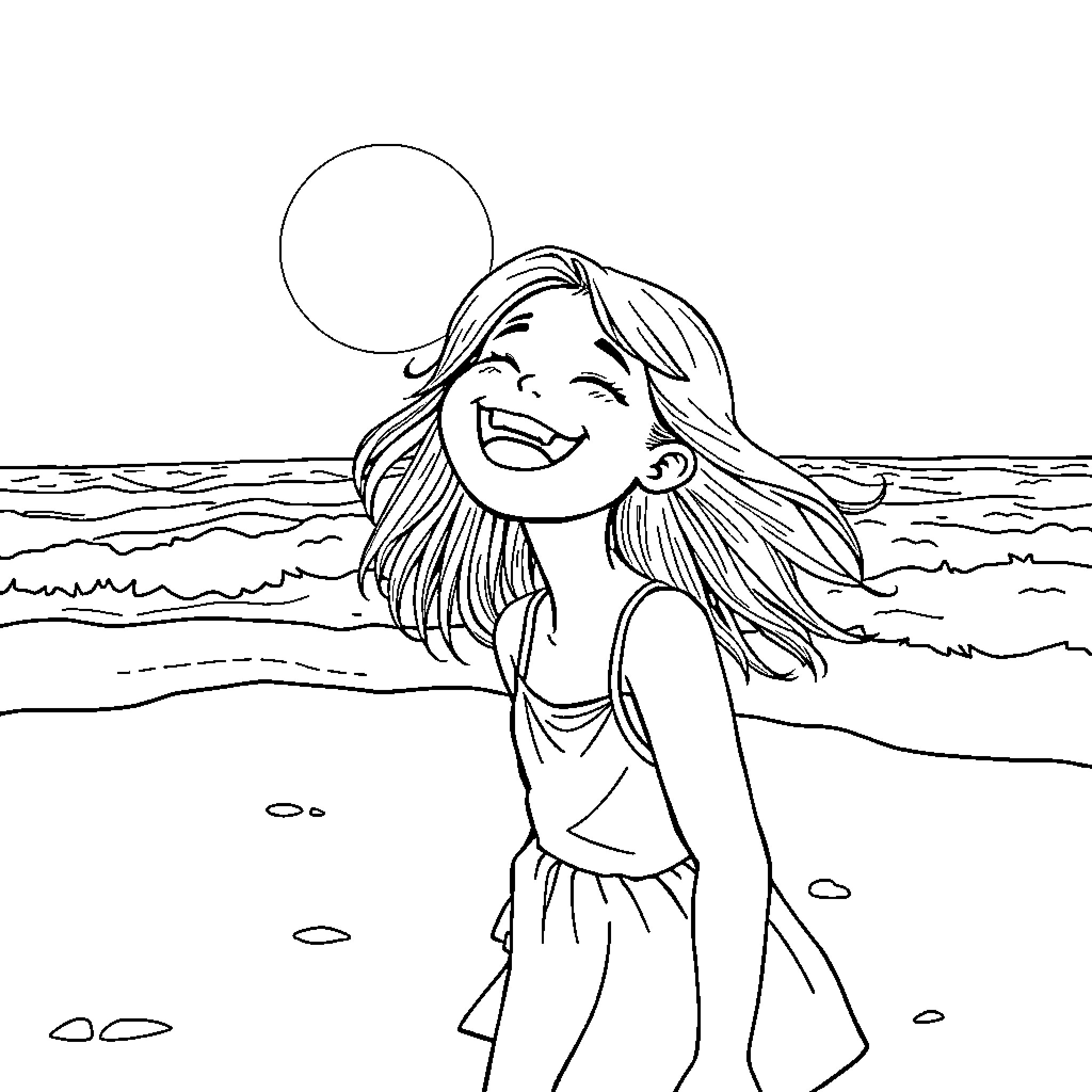 Girl enjoying the beach on a sunny day Coloring Page (free black-and-white line drawing printable PDF for all, from beginners to advanced learners, including children, teens, adults, and seniors)