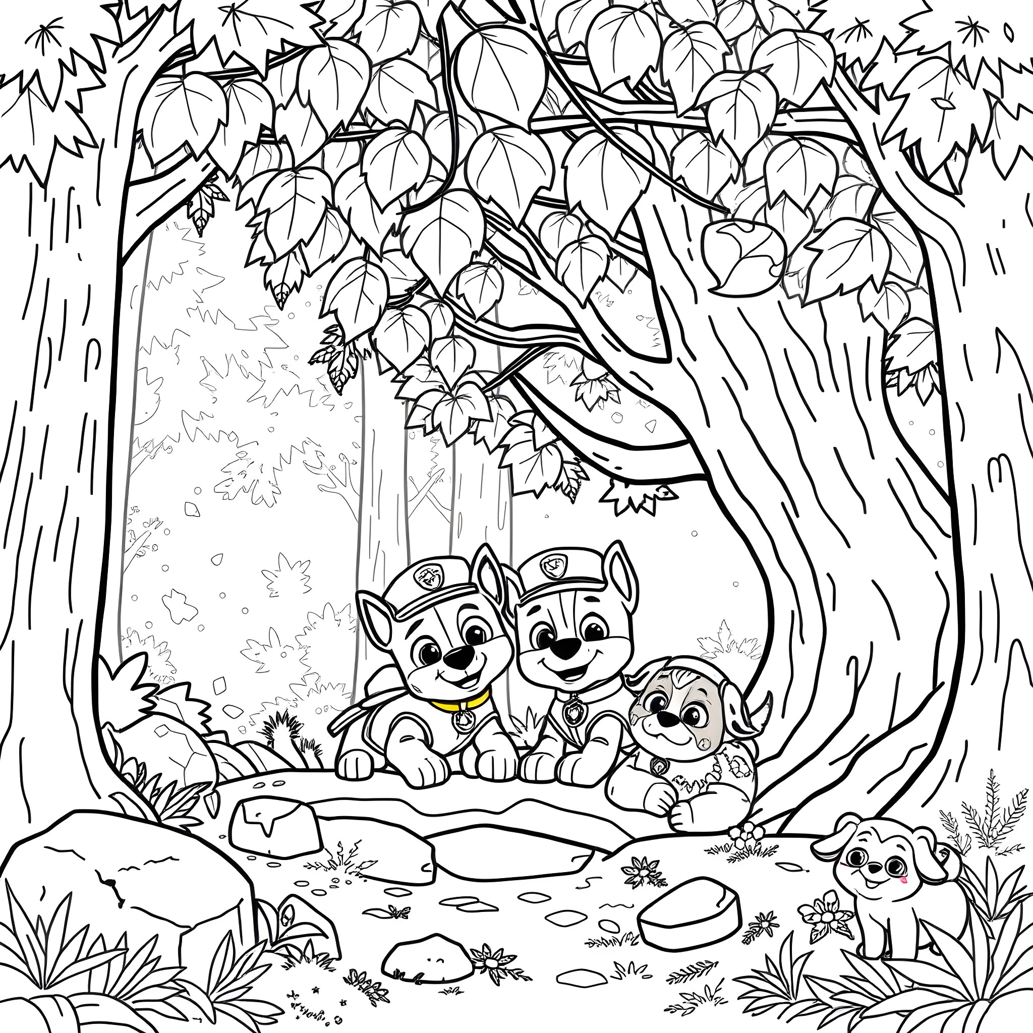 Paw Patrol Puppies Exploring the Enchanted Forest Coloring Page (free black-and-white line drawing printable PDF for all, from beginners to advanced learners, including children, teens, adults, and seniors)