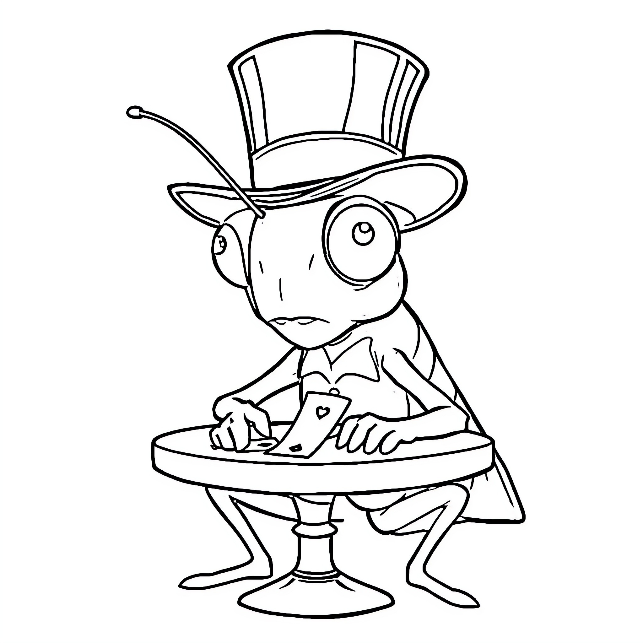 Grasshopper Entertains in a Top Hat Coloring Page (free black-and-white line drawing printable PDF for all, from beginners to advanced learners, including children, teens, adults, and seniors)