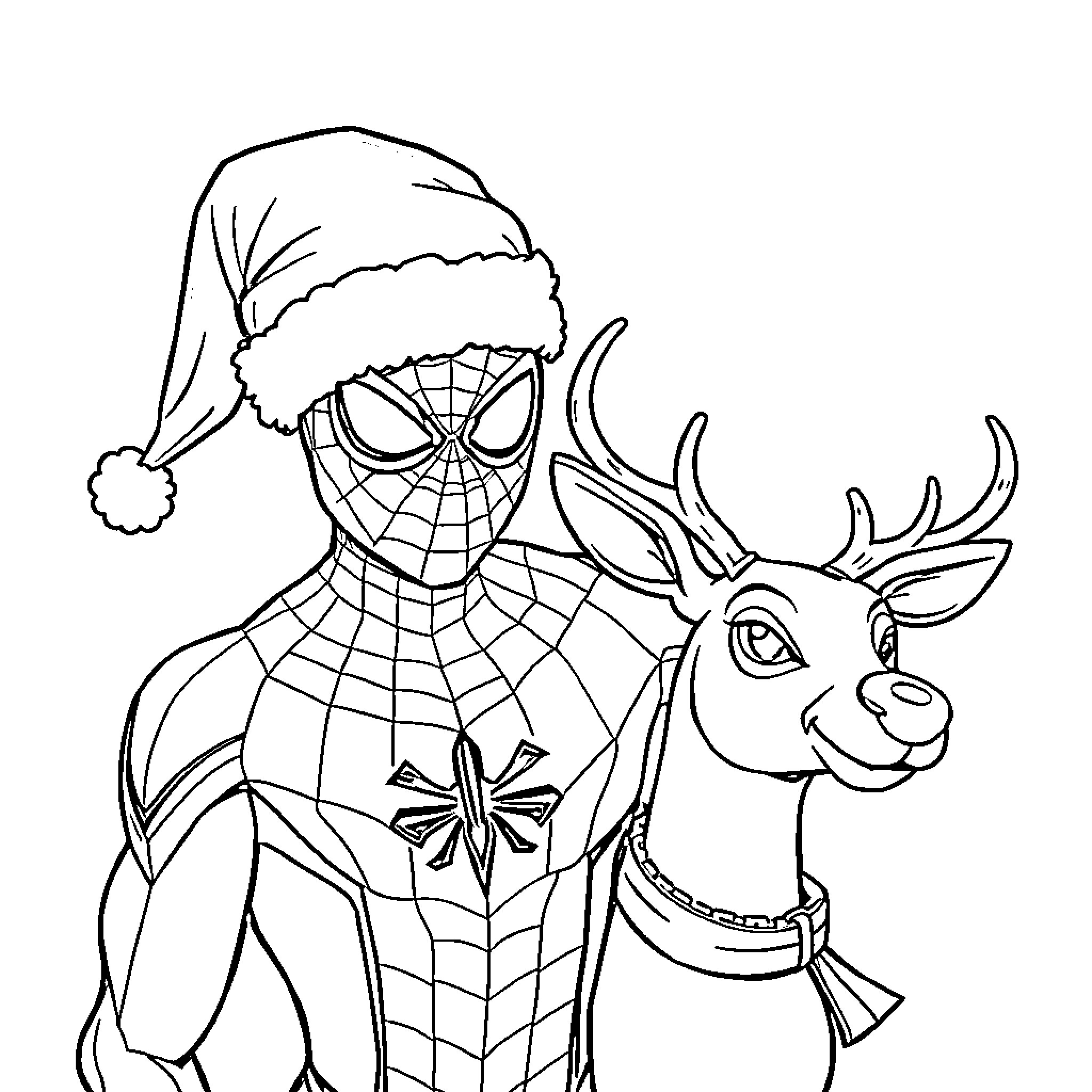 Spiderman celebrating Christmas with Reindeer Coloring Page (free black-and-white line drawing printable PDF for all, from beginners to advanced learners, including children, teens, adults, and seniors)