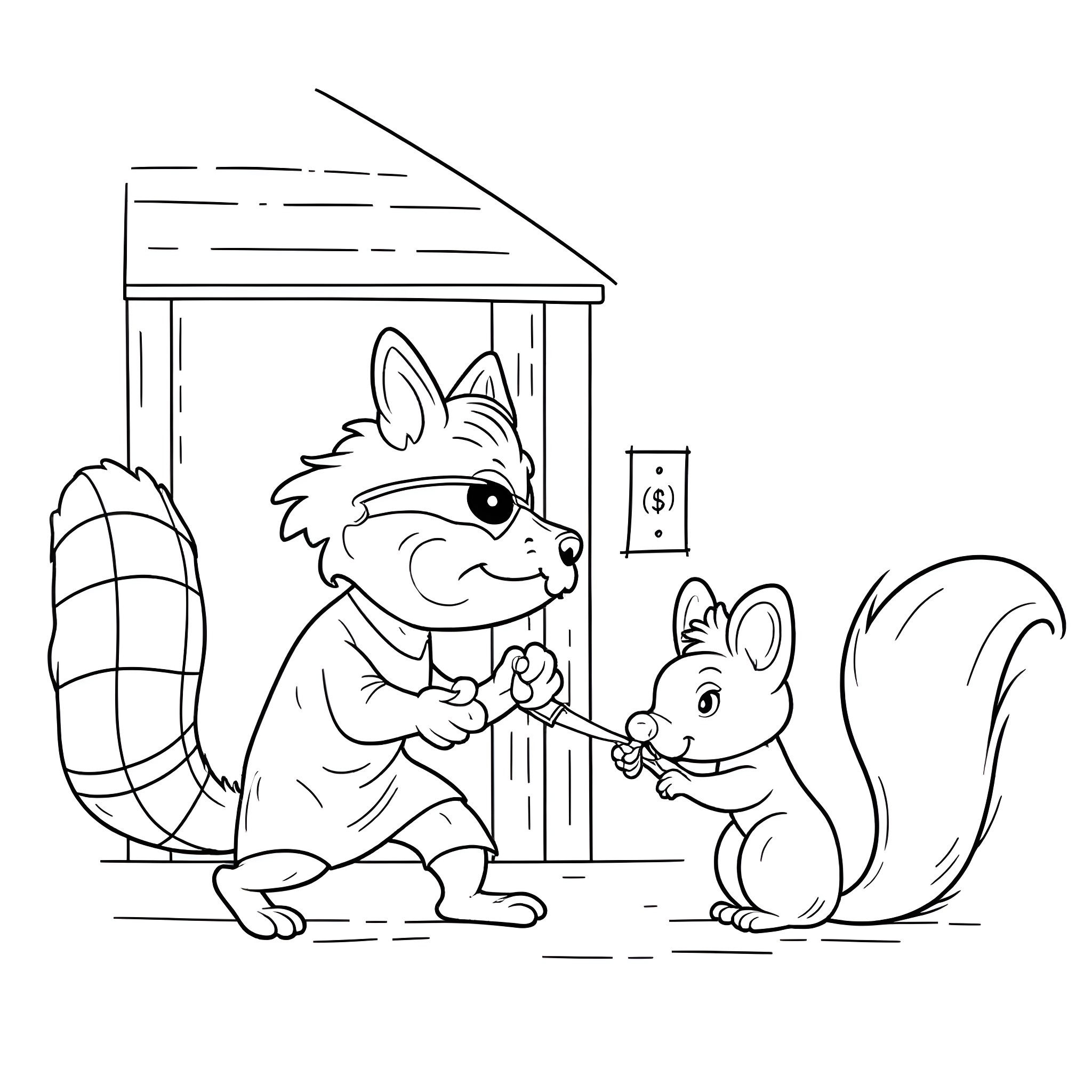 Raccoon and squirrel interacting in front of a house Coloring Page (free black-and-white line drawing printable PDF for all, from beginners to advanced learners, including children, teens, adults, and seniors)