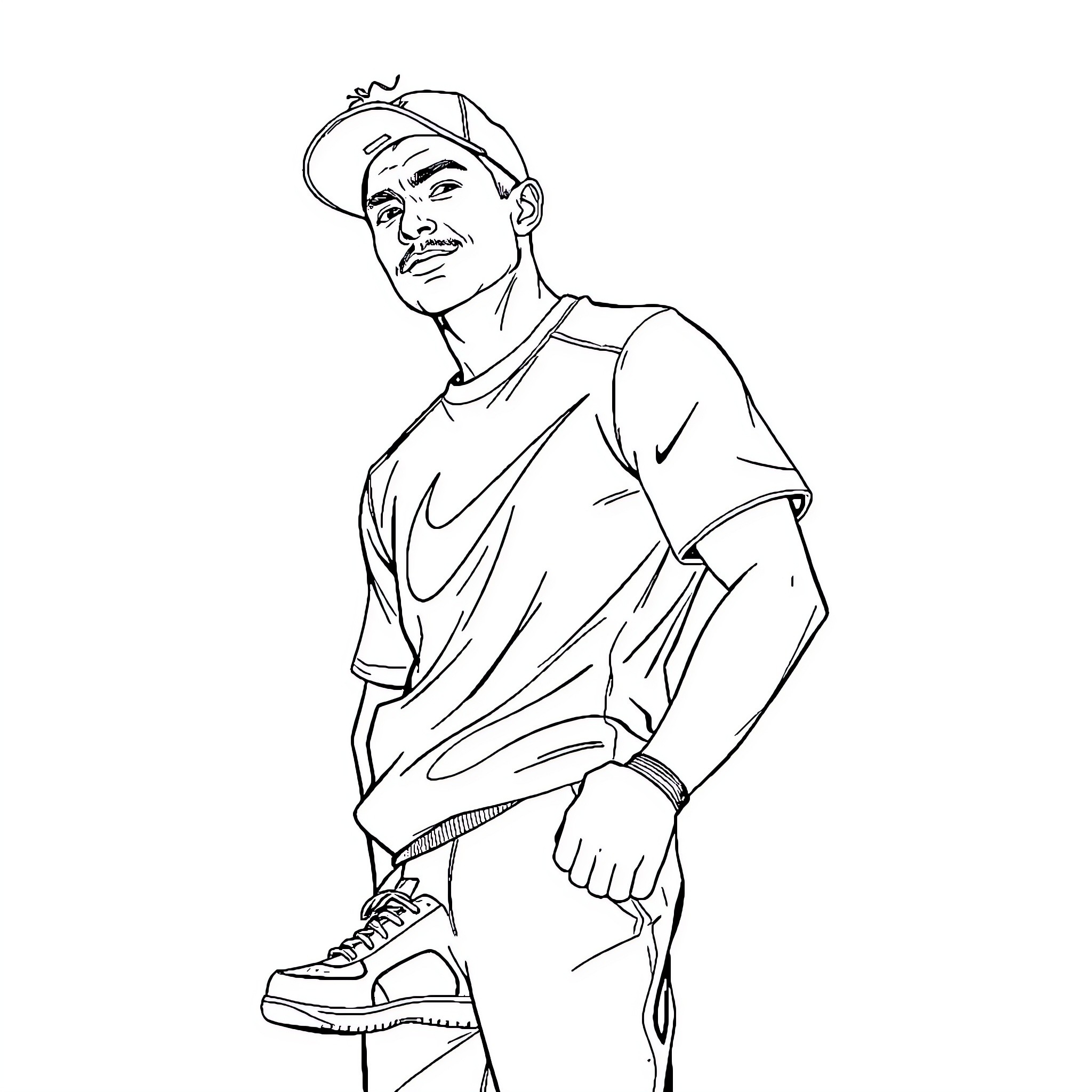Nike Man in casual outfit and hat Coloring Page (free black-and-white line drawing printable PDF for all, from beginners to advanced learners, including children, teens, adults, and seniors)
