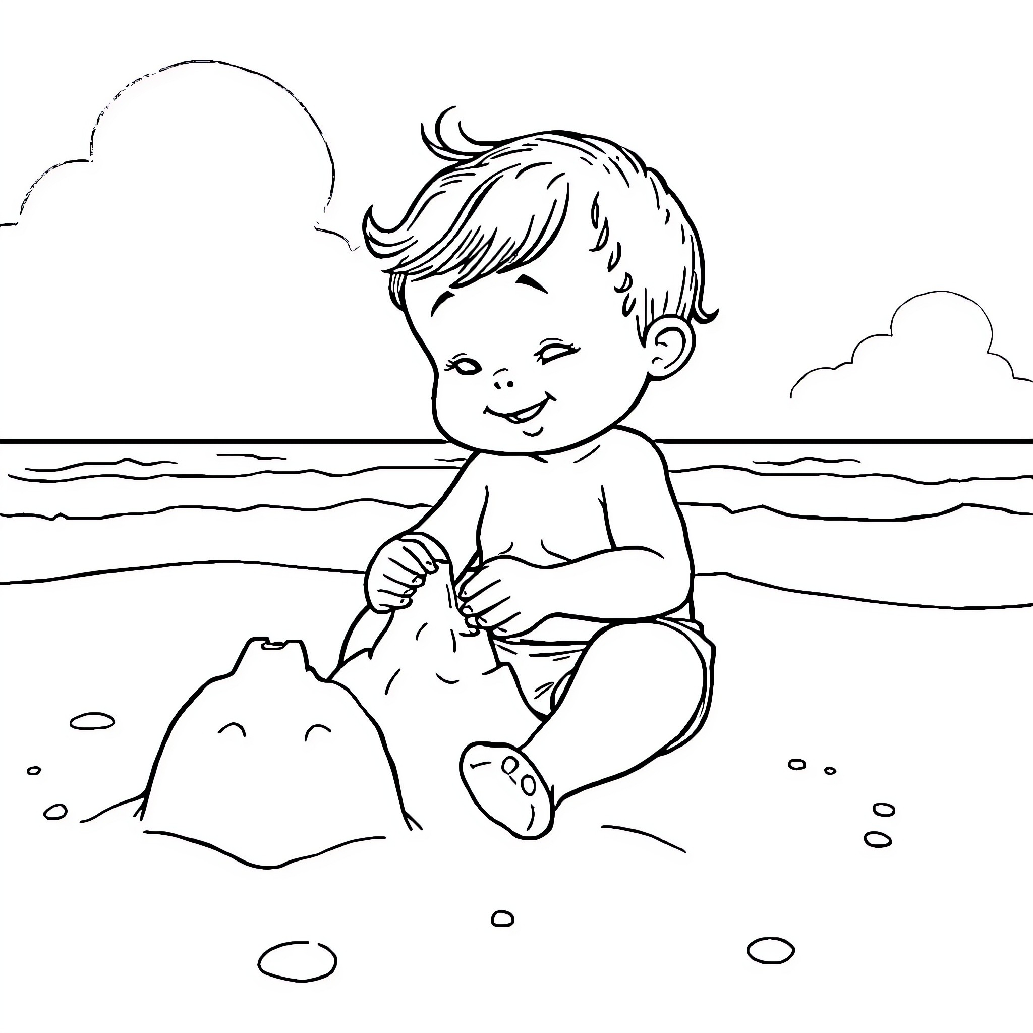 Baby building sandcastle on the beach Coloring Page (free black-and-white line drawing printable PDF for all, from beginners to advanced learners, including children, teens, adults, and seniors)