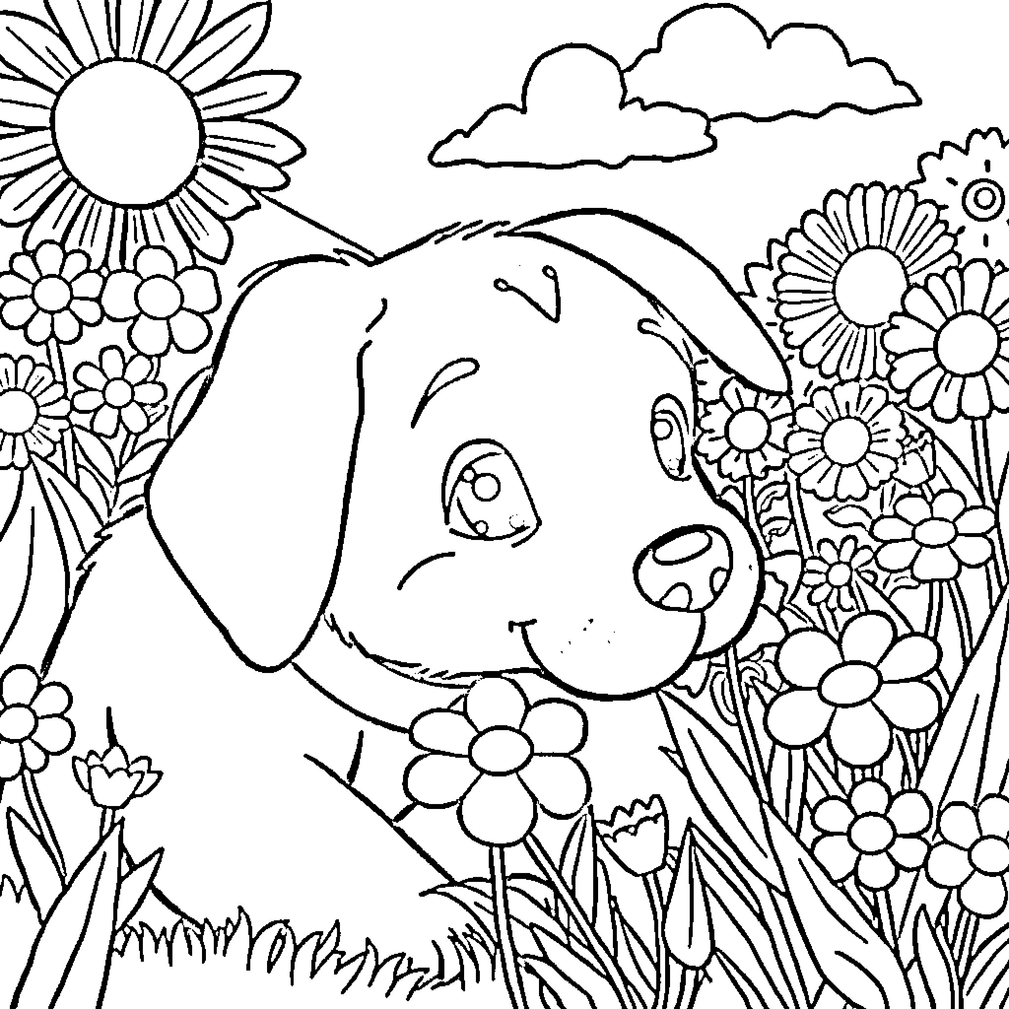 Bluey exploring a flowery meadow Coloring Page (free black-and-white line drawing printable PDF for all, from beginners to advanced learners, including children, teens, adults, and seniors)