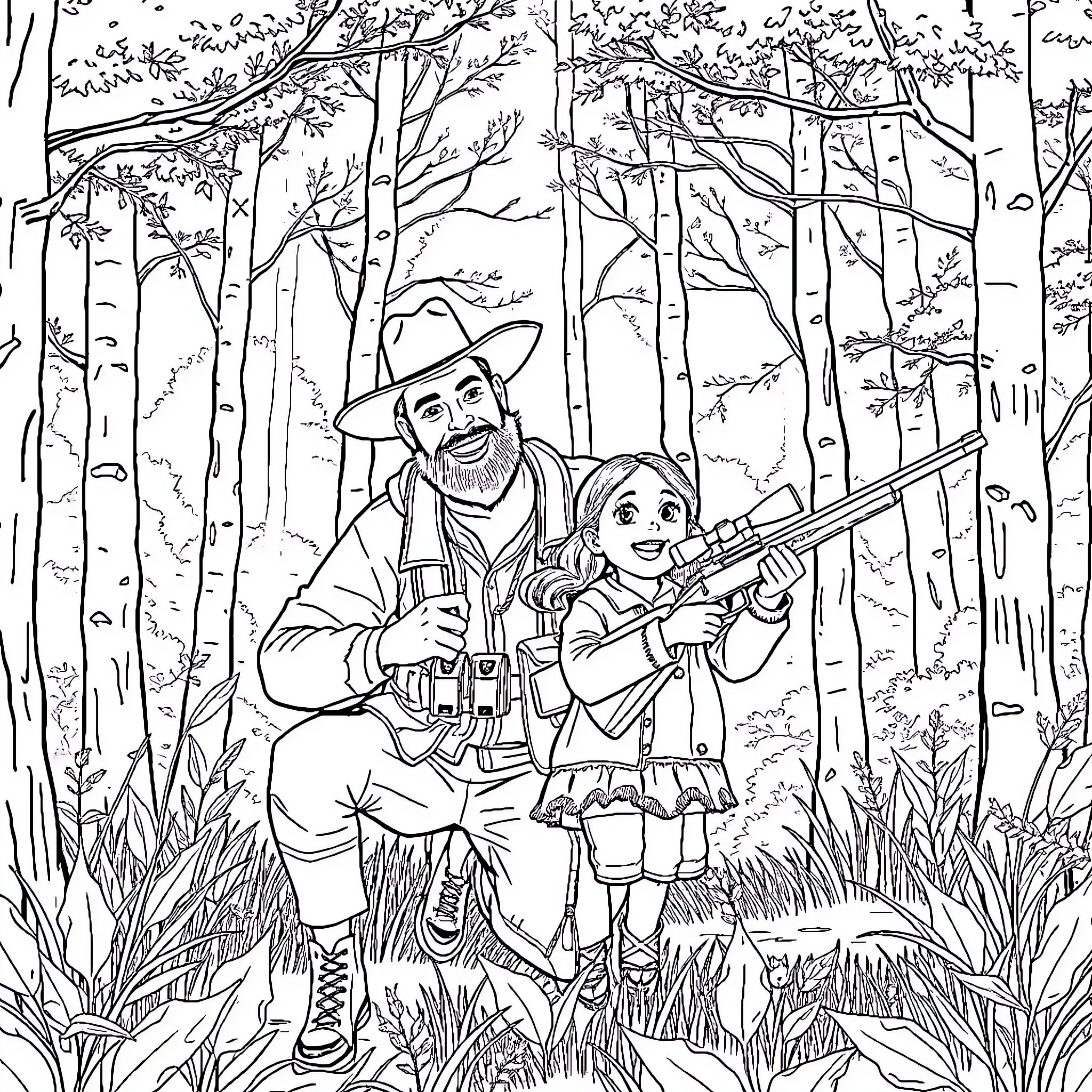 Hunting for Adventure in the Wilderness Coloring Page (free black-and-white line drawing printable PDF for all, from beginners to advanced learners, including children, teens, adults, and seniors)