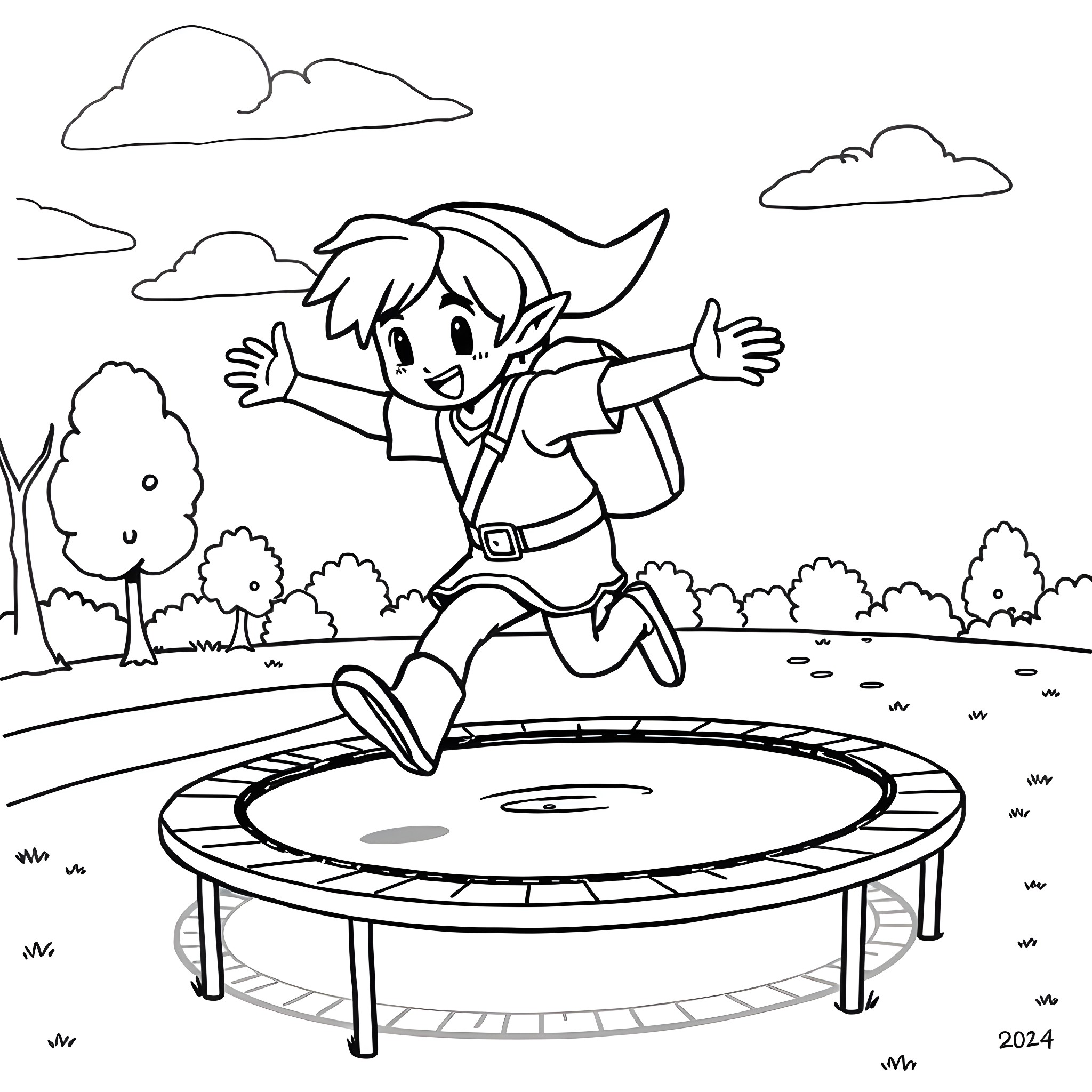 Link jumping happily on a trampoline in the park Coloring Page (free black-and-white line drawing printable PDF for all, from beginners to advanced learners, including children, teens, adults, and seniors)