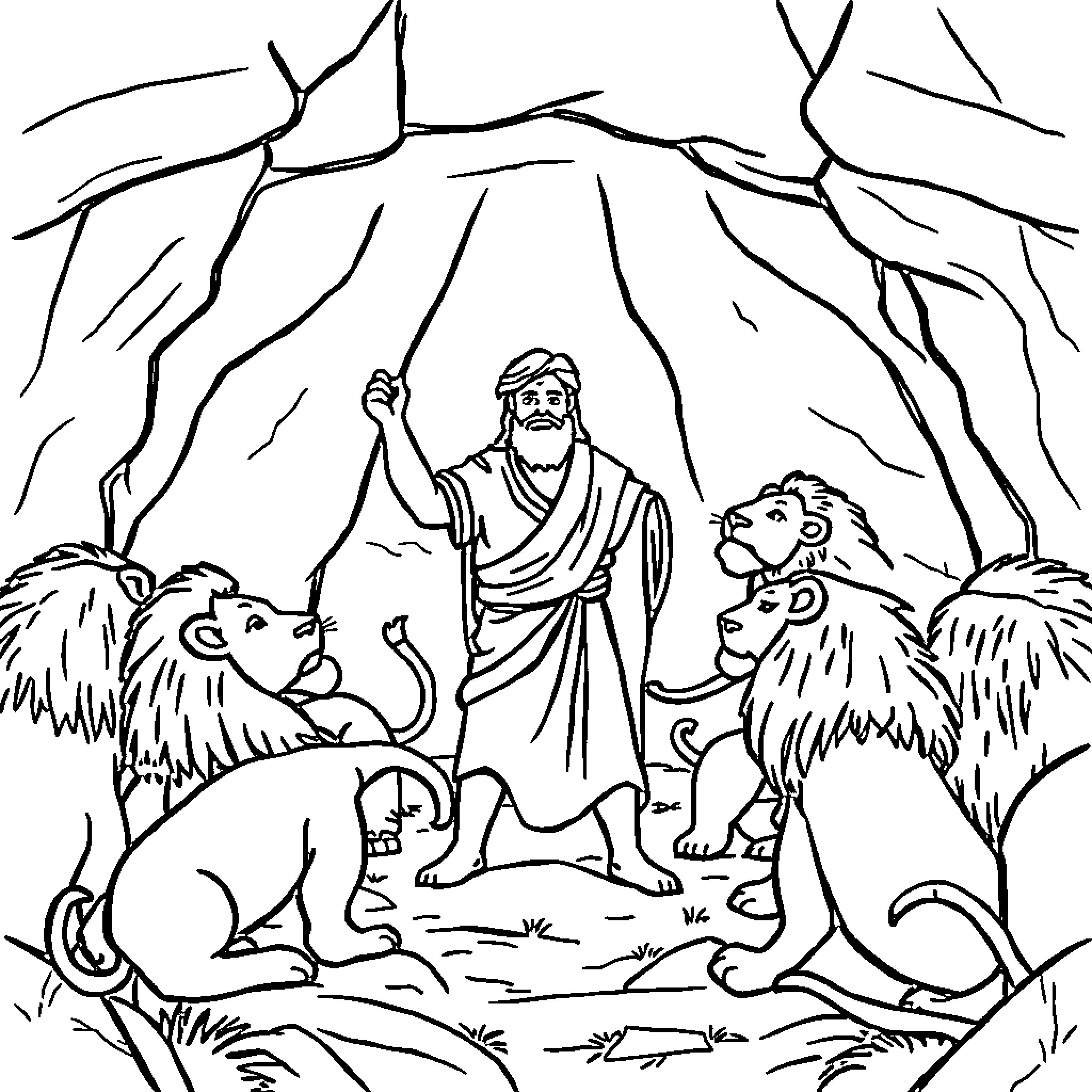 Daniel Tames the Wild Lions in Nature Coloring Page (free black-and-white line drawing printable PDF for all, from beginners to advanced learners, including children, teens, adults, and seniors)