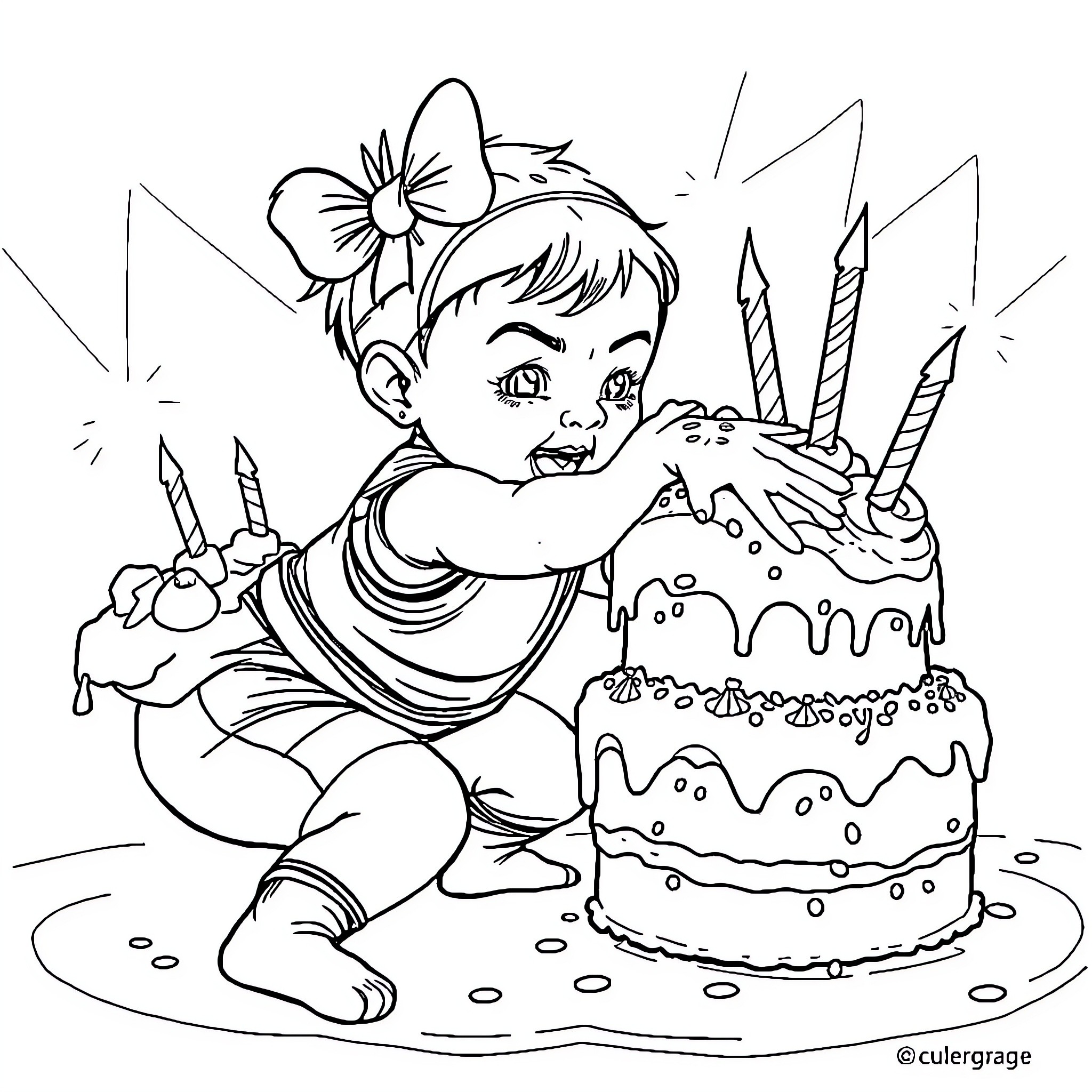 Baby happily celebrating birthday with cake and candles Coloring Page (free black-and-white line drawing printable PDF for all, from beginners to advanced learners, including children, teens, adults, and seniors)