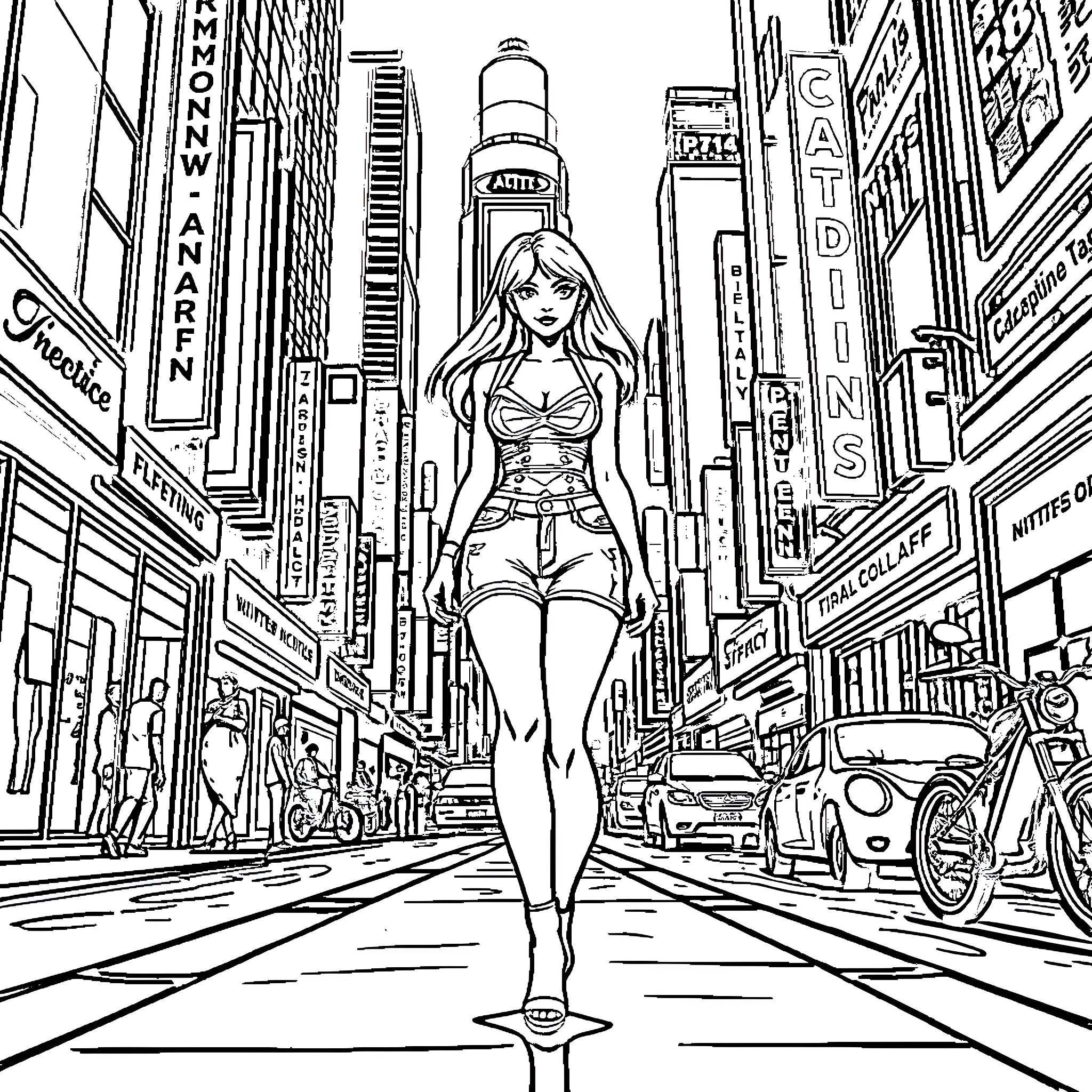 Girl walking confidently through bustling city streets Coloring Page (free black-and-white line drawing printable PDF for all, from beginners to advanced learners, including children, teens, adults, and seniors)