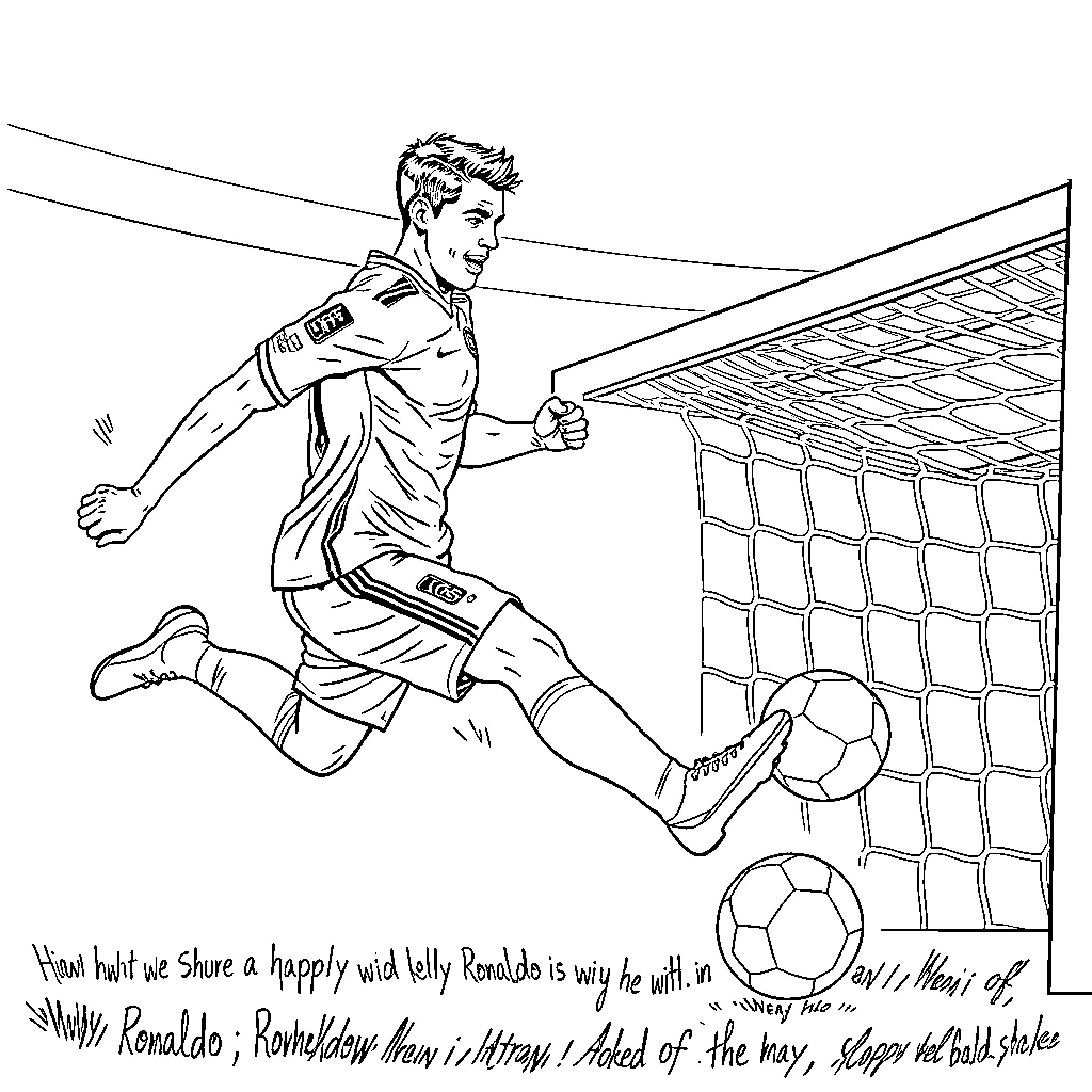 Ronaldo kicking soccer ball in action on field Coloring Page (free black-and-white line drawing printable PDF for all, from beginners to advanced learners, including children, teens, adults, and seniors)