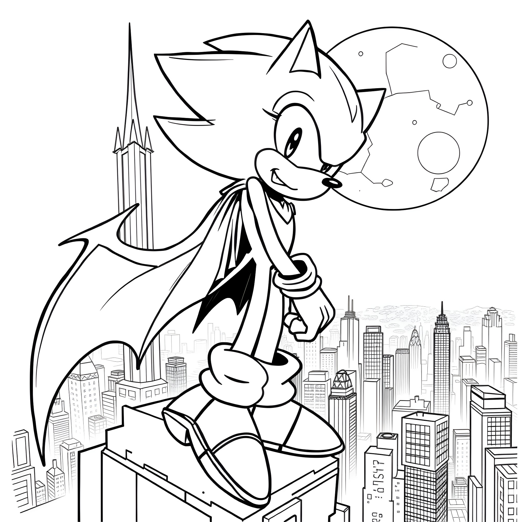 Sonic soaring over the city skyline Coloring Page (free black-and-white line drawing printable PDF for all, from beginners to advanced learners, including children, teens, adults, and seniors)