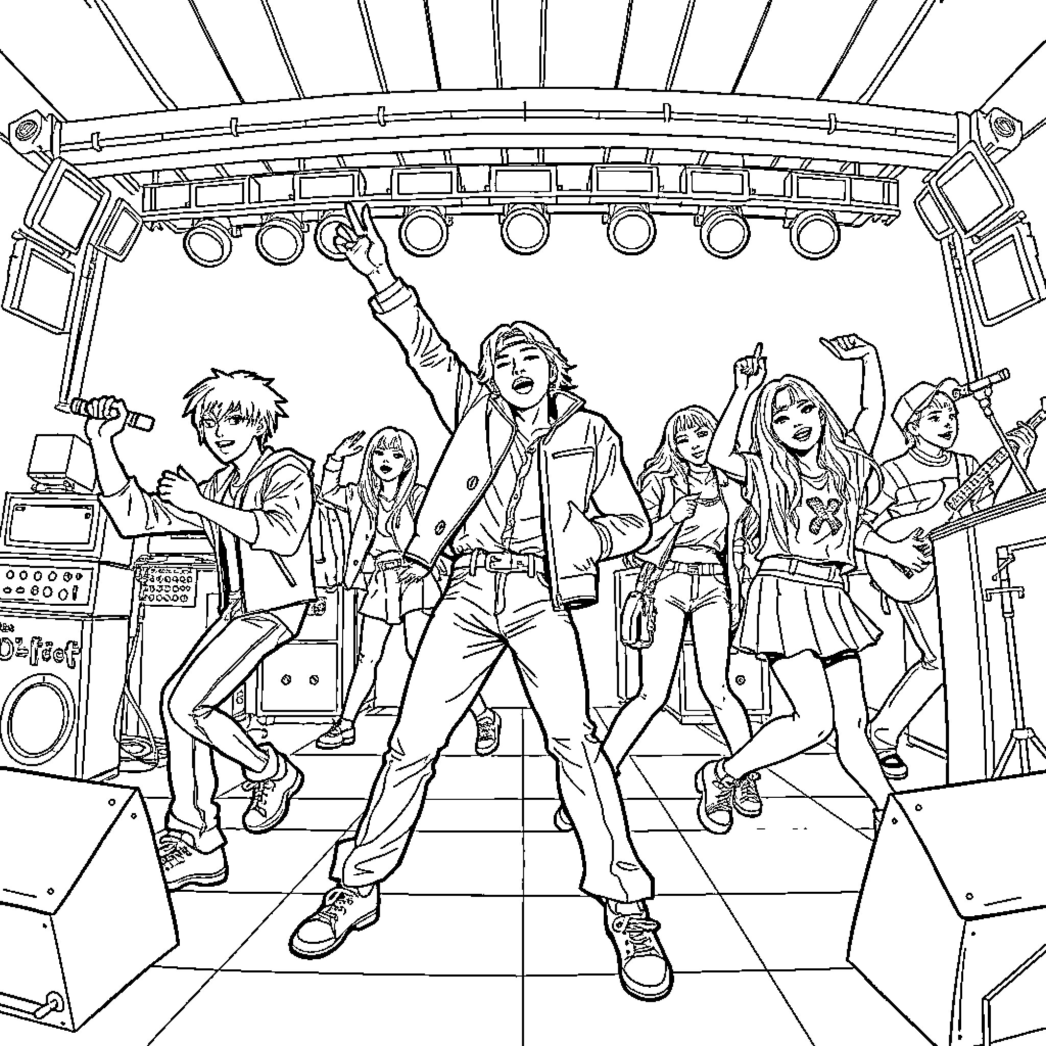 Kpop Artists Performing on Stage with Enthusiasm Coloring Page (free black-and-white line drawing printable PDF for all, from beginners to advanced learners, including children, teens, adults, and seniors)
