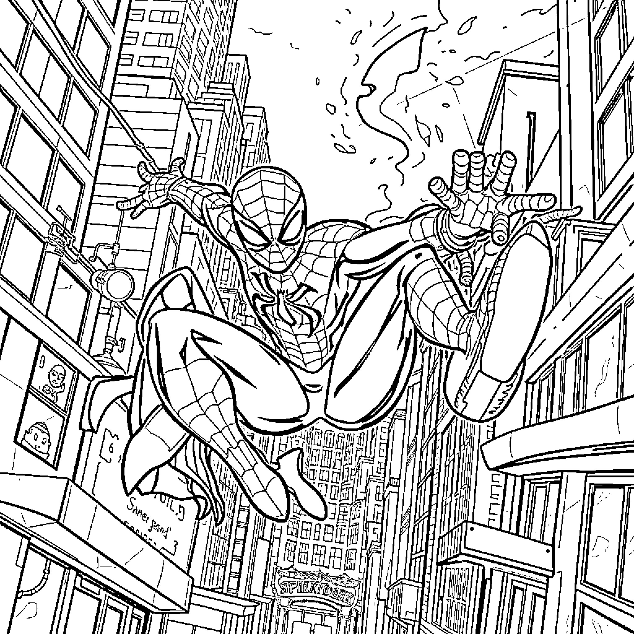 Spidey swinging through the city Coloring Page (free black-and-white line drawing printable PDF for all, from beginners to advanced learners, including children, teens, adults, and seniors)