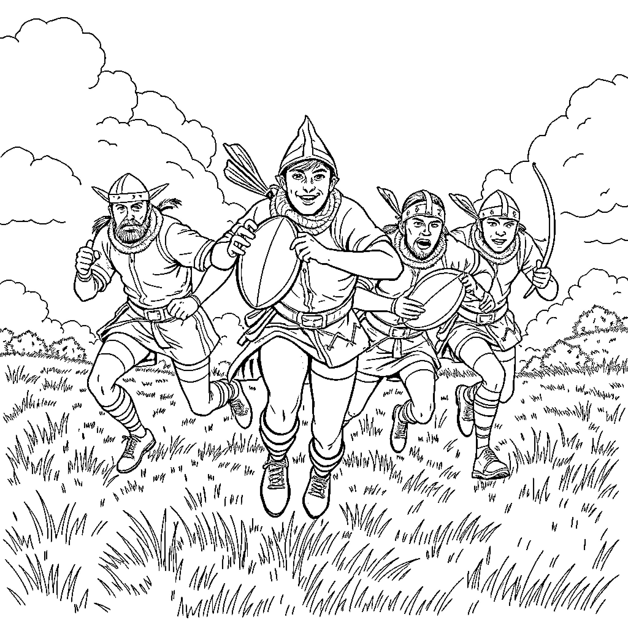 Robin Hood and his merry men in action Coloring Page (free black-and-white line drawing printable PDF for all, from beginners to advanced learners, including children, teens, adults, and seniors)