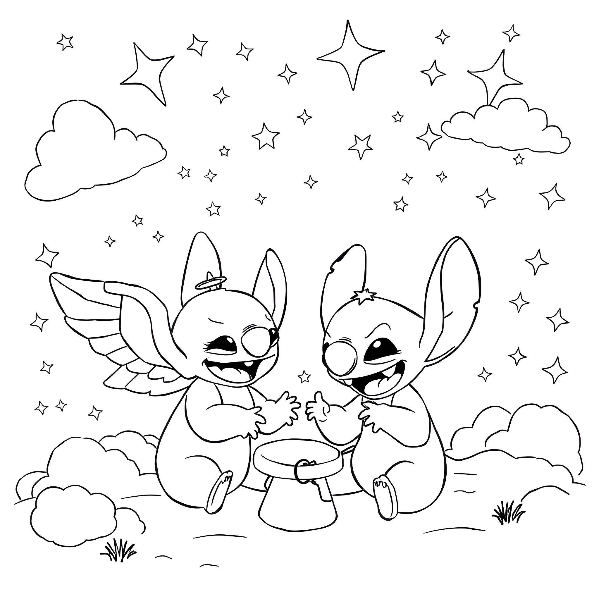Angel Stitch and Angel Lilo Sharing a Moment Under the Stars Coloring Page (free black-and-white line drawing printable PDF for all, from beginners to advanced learners, including children, teens, adults, and seniors)