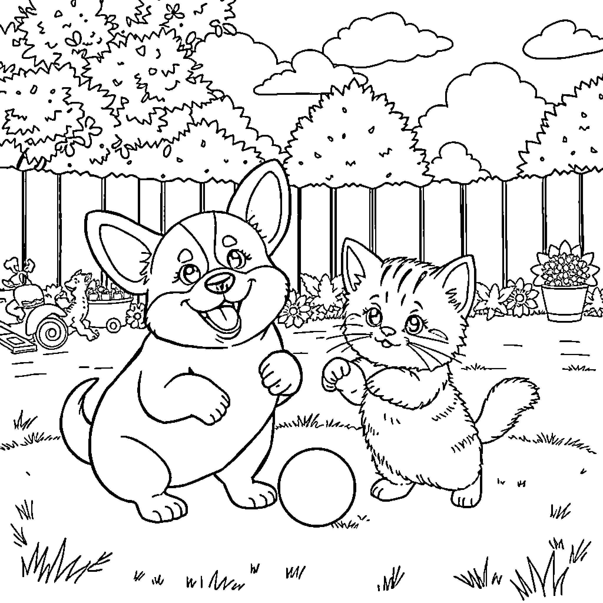 Corgi and Kitten Enjoying Outdoor Adventure Coloring Page (free black-and-white line drawing printable PDF for all, from beginners to advanced learners, including children, teens, adults, and seniors)