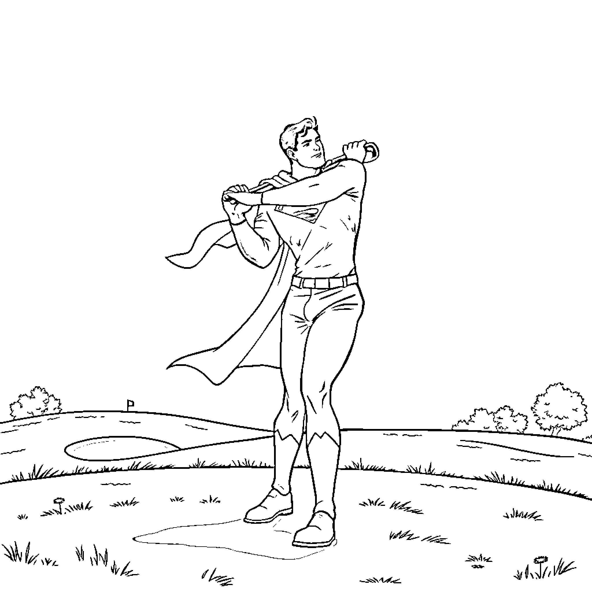 Superman flying above the countryside Coloring Page (free black-and-white line drawing printable PDF for all, from beginners to advanced learners, including children, teens, adults, and seniors)