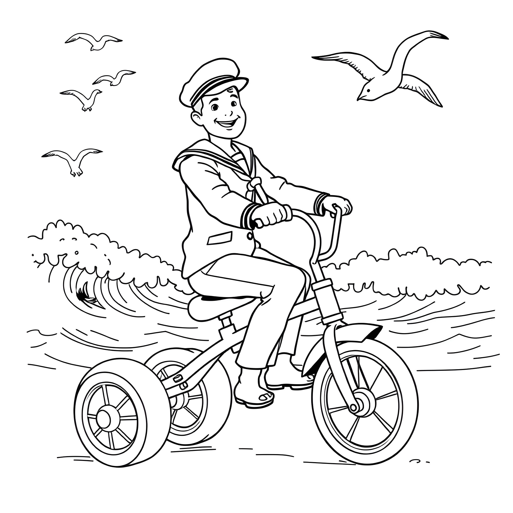 Sailor riding tricycle near the ocean Coloring Page (free black-and-white line drawing printable PDF for all, from beginners to advanced learners, including children, teens, adults, and seniors)