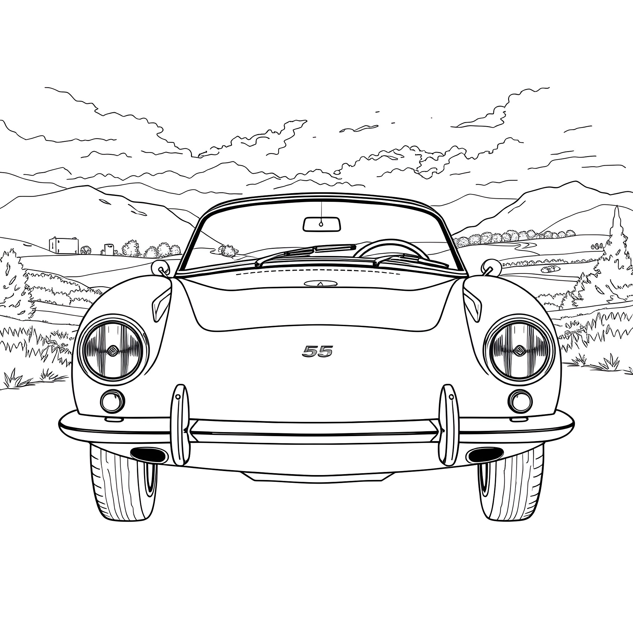 Classic 550 sports car in scenic countryside Coloring Page (free black-and-white line drawing printable PDF for all, from beginners to advanced learners, including children, teens, adults, and seniors)