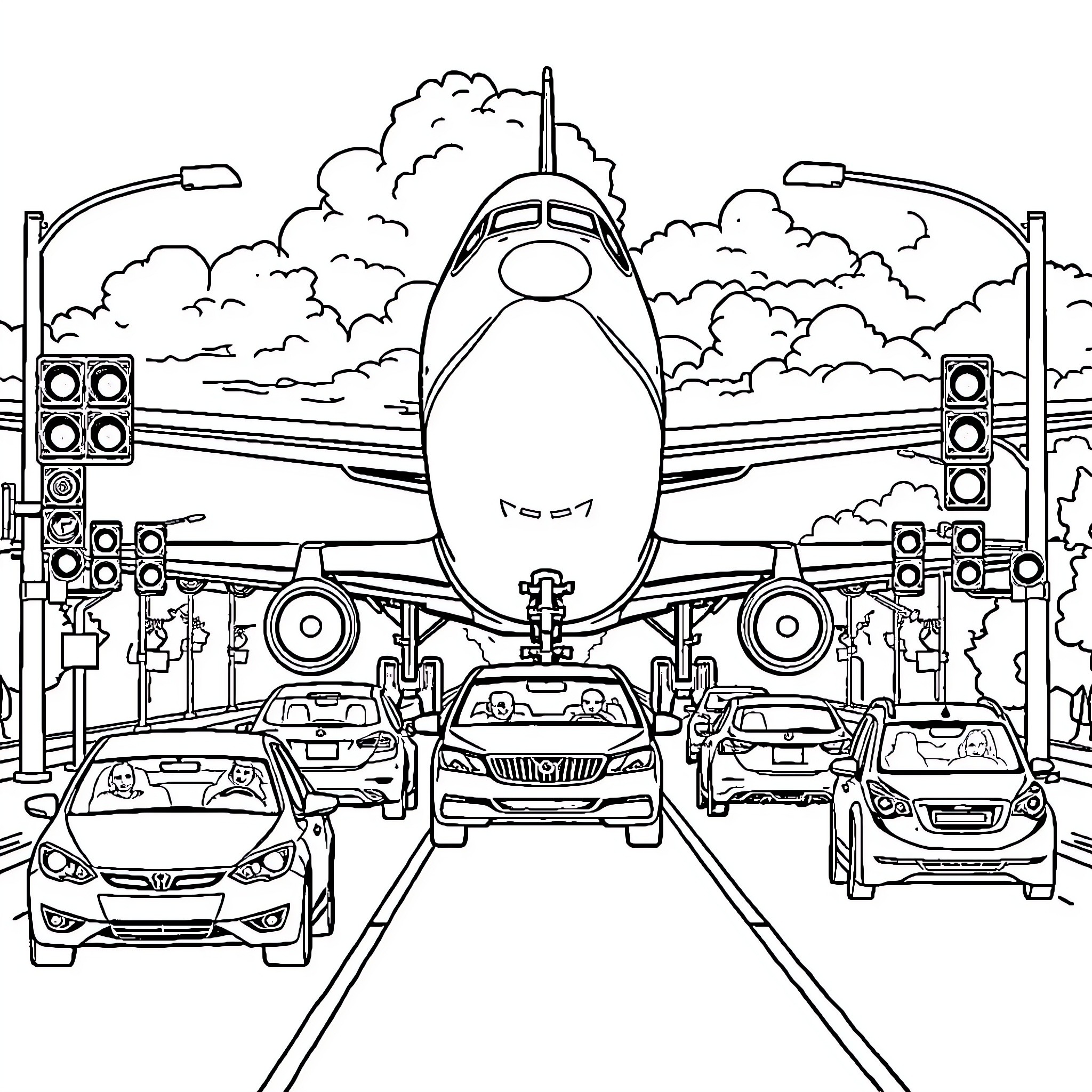 Plane taking off from runway amidst traffic Coloring Page (free black-and-white line drawing printable PDF for all, from beginners to advanced learners, including children, teens, adults, and seniors)