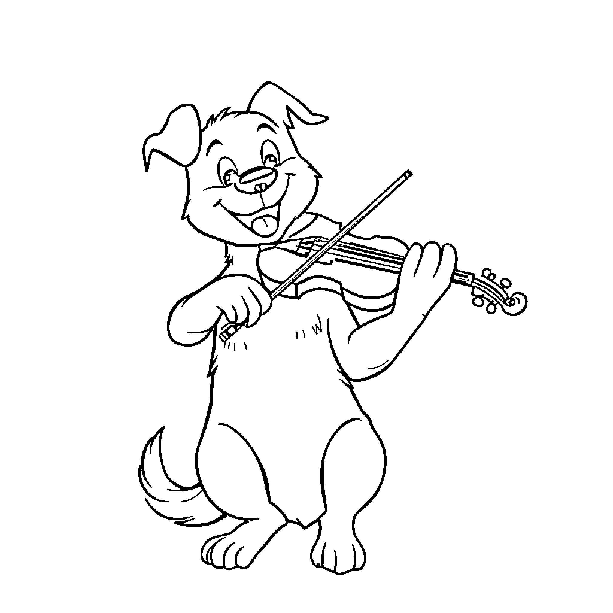 Dog playing joyfully with violin Coloring Page (free black-and-white line drawing printable PDF for all, from beginners to advanced learners, including children, teens, adults, and seniors)