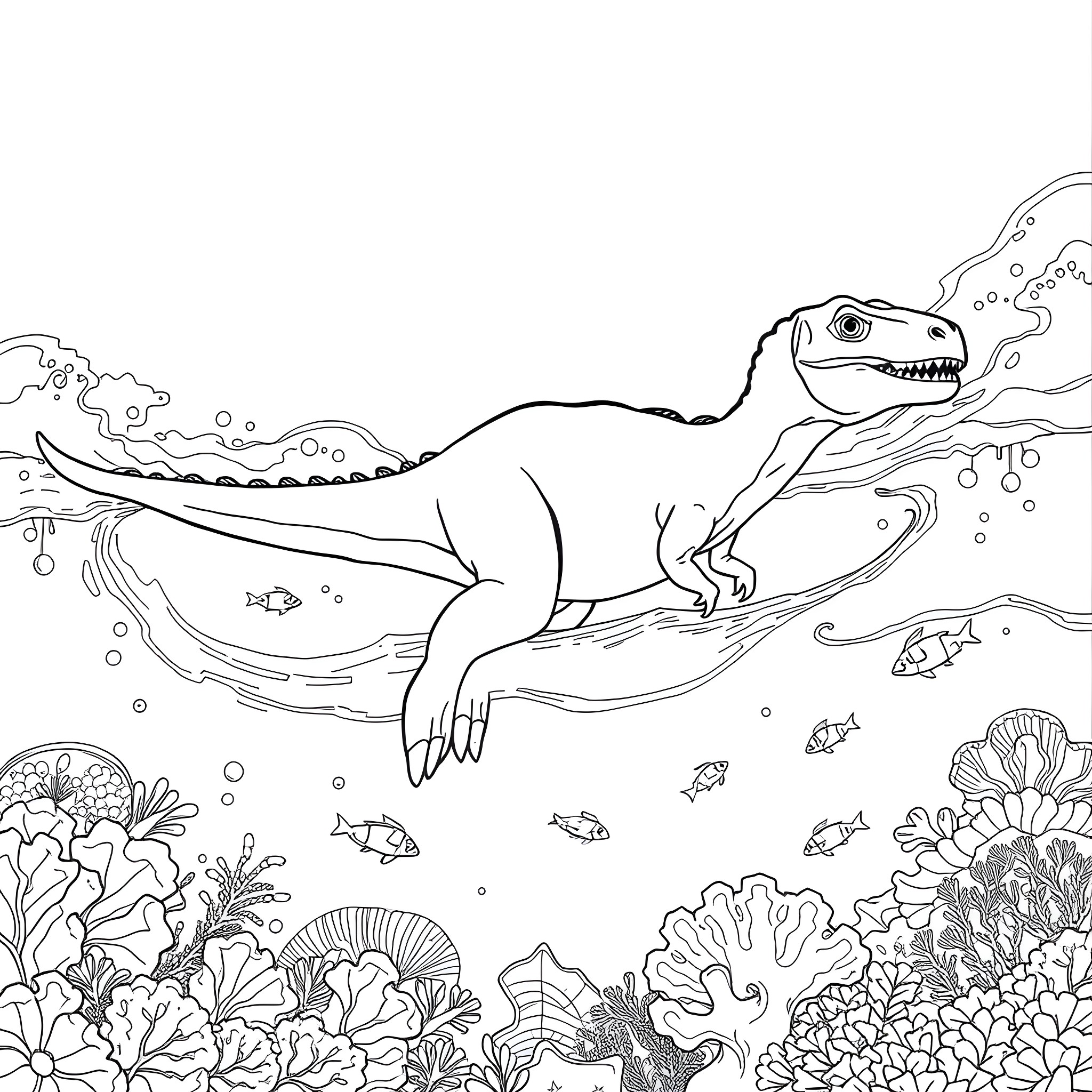 Dinosaur exploring the underwater coral reef Coloring Page (free black-and-white line drawing printable PDF for all, from beginners to advanced learners, including children, teens, adults, and seniors)