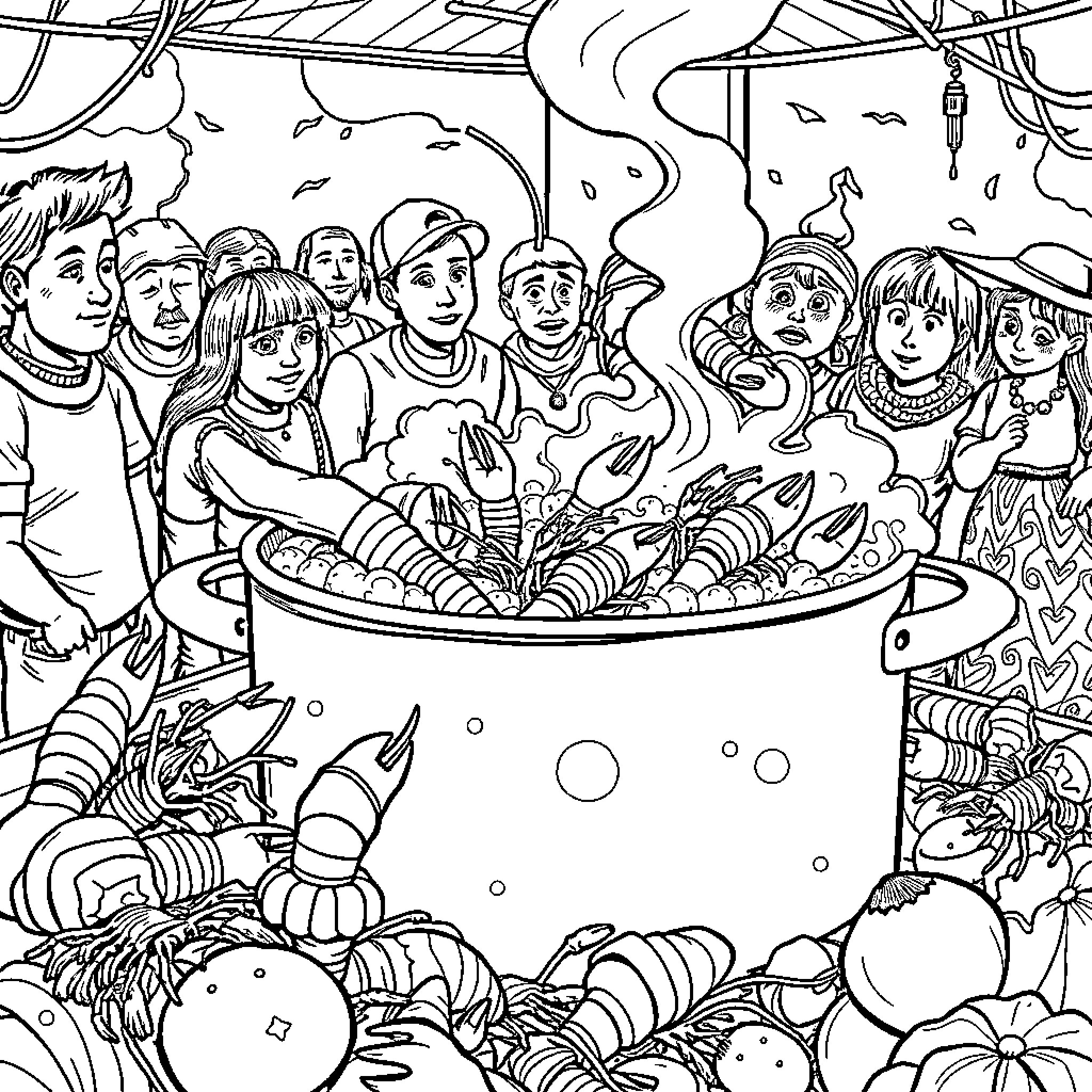 Crawfish gathering with friends and family Coloring Page (free black-and-white line drawing printable PDF for all, from beginners to advanced learners, including children, teens, adults, and seniors)