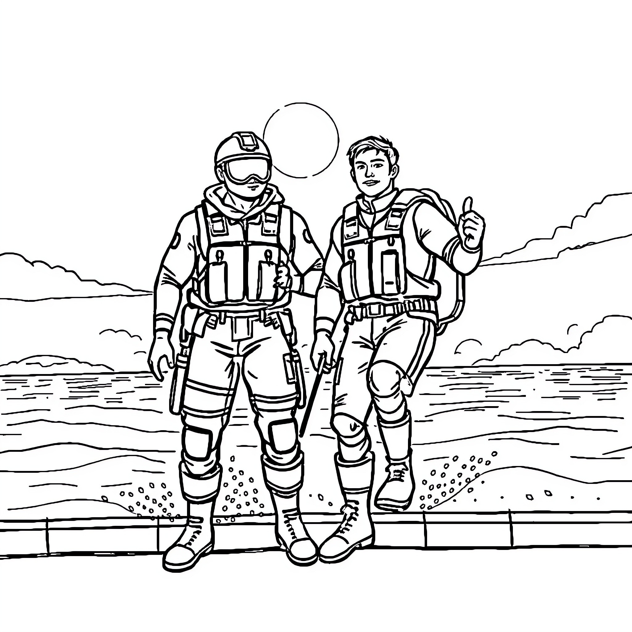 Meteoro - Two Astronauts in Protective Gear Coloring Page (free black-and-white line drawing printable PDF for all, from beginners to advanced learners, including children, teens, adults, and seniors)