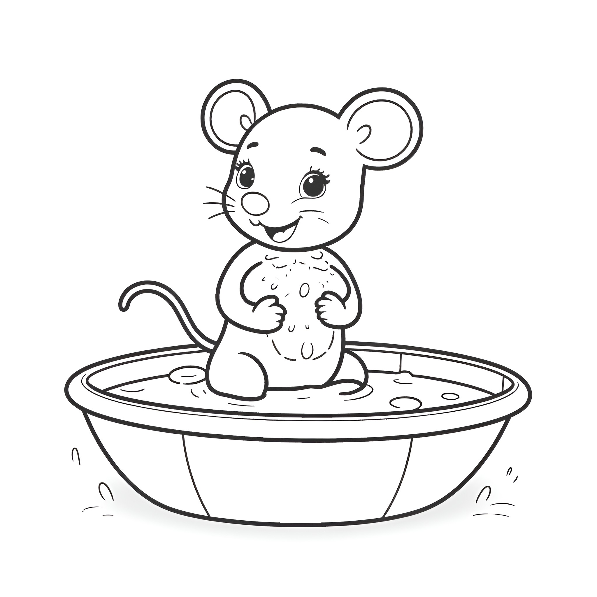 Mouse bathing happily in a bowl Coloring Page (free black-and-white line drawing printable PDF for all, from beginners to advanced learners, including children, teens, adults, and seniors)