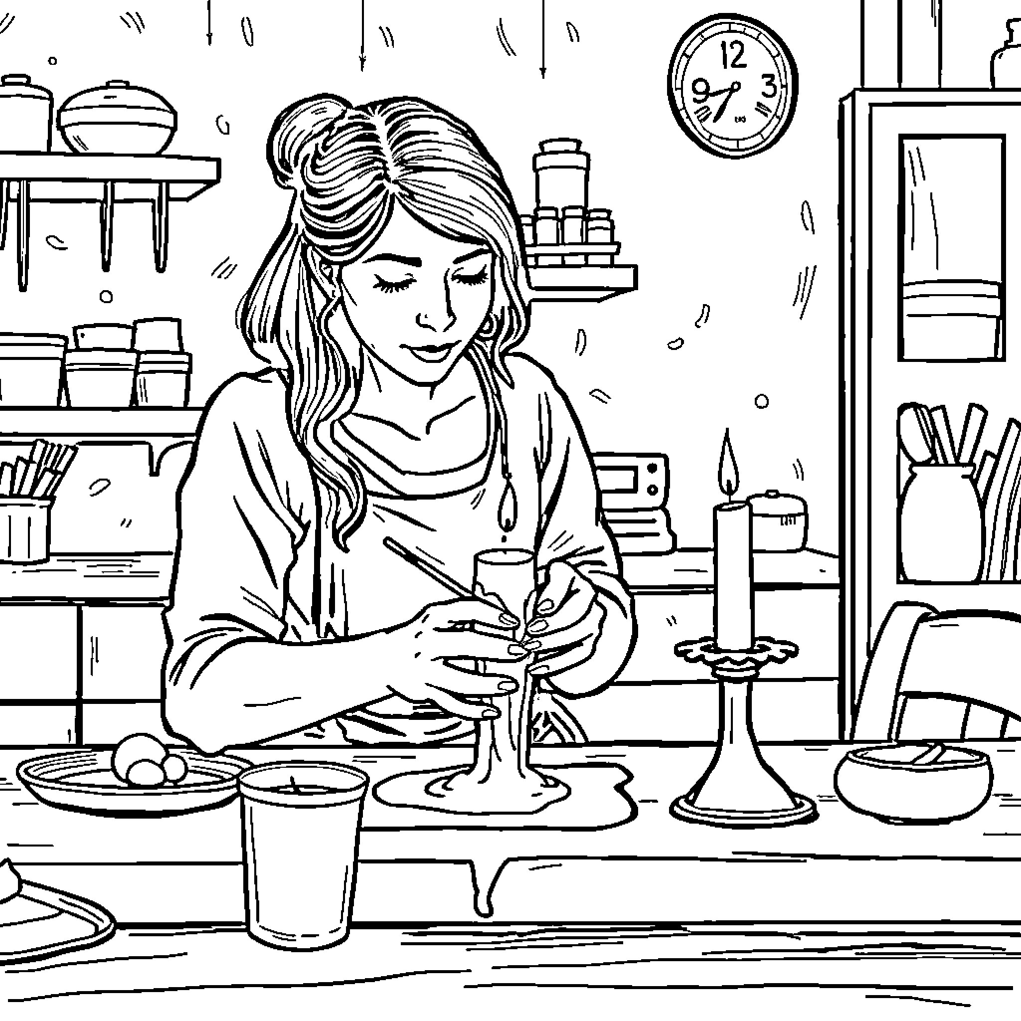Woman cooking a meal in the kitchen Coloring Page (free black-and-white line drawing printable PDF for all, from beginners to advanced learners, including children, teens, adults, and seniors)