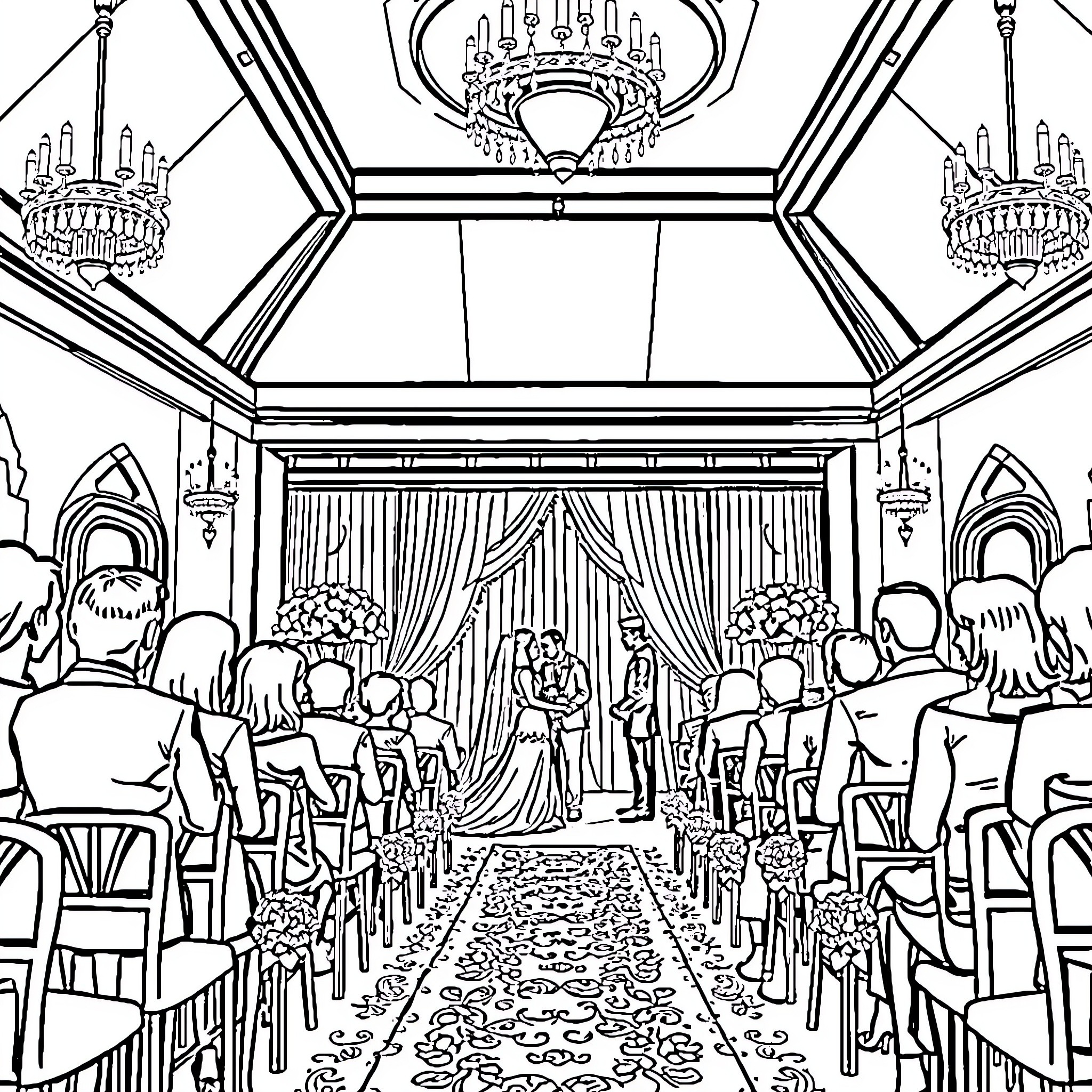 Wedding Ceremony in Elegant Ballroom Setting Coloring Page (free black-and-white line drawing printable PDF for all, from beginners to advanced learners, including children, teens, adults, and seniors)