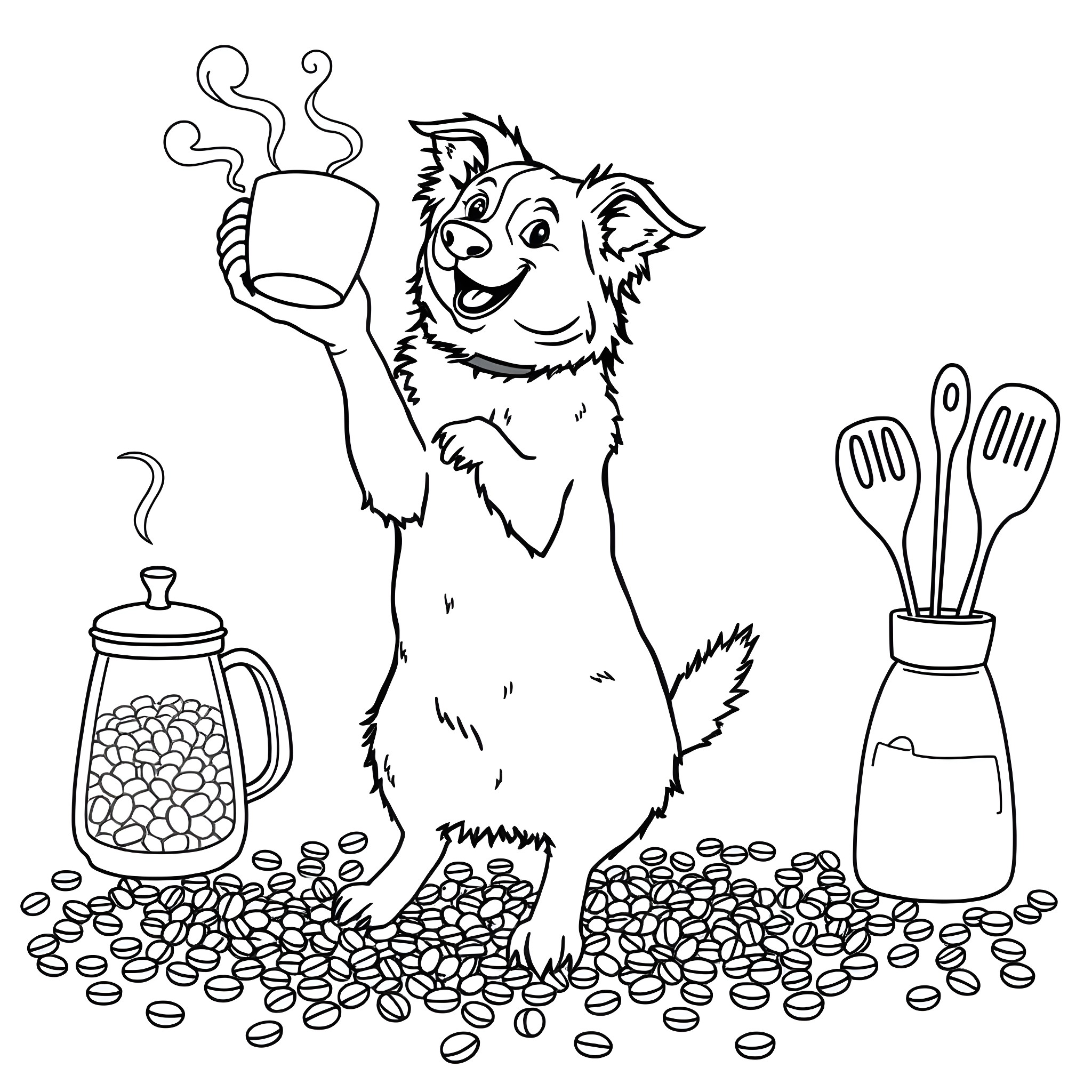 Border Collie enjoying a hot beverage in the kitchen Coloring Page (free black-and-white line drawing printable PDF for all, from beginners to advanced learners, including children, teens, adults, and seniors)