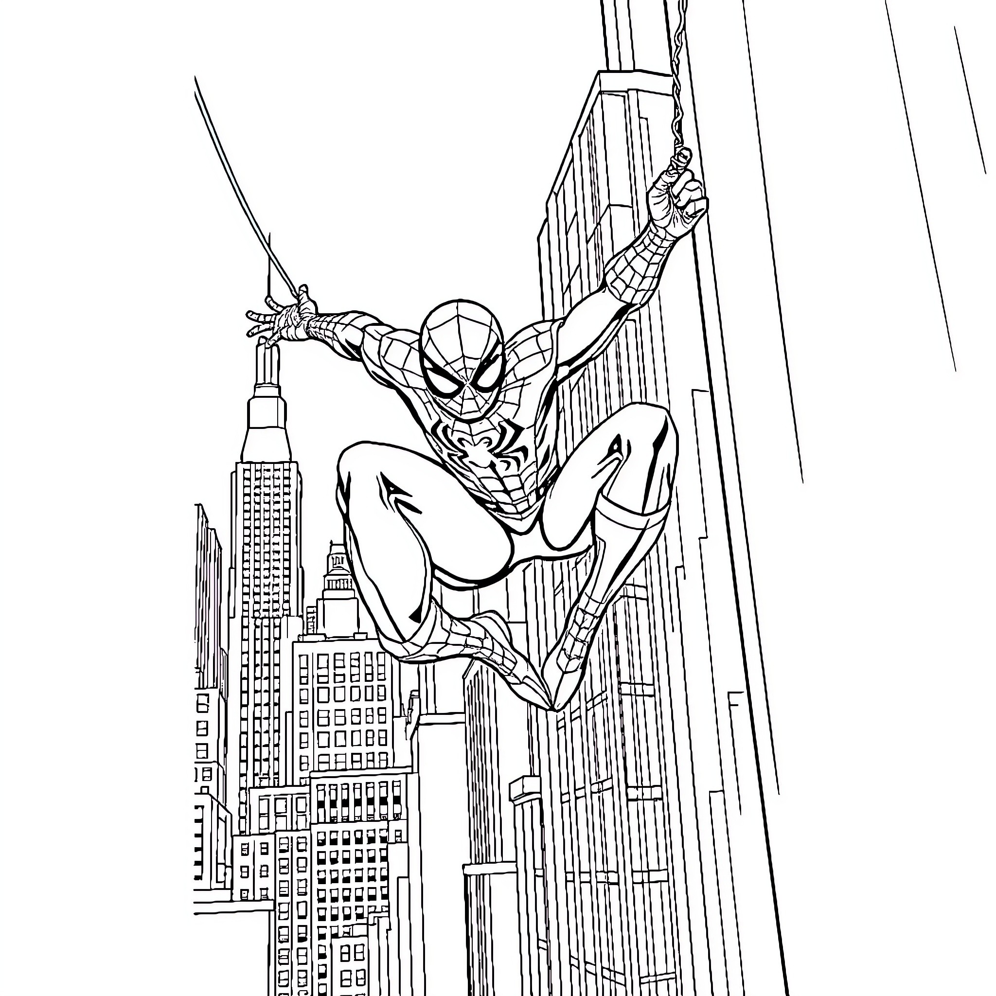 Spider-Man swinging through the city skyline Coloring Page (free black-and-white line drawing printable PDF for all, from beginners to advanced learners, including children, teens, adults, and seniors)