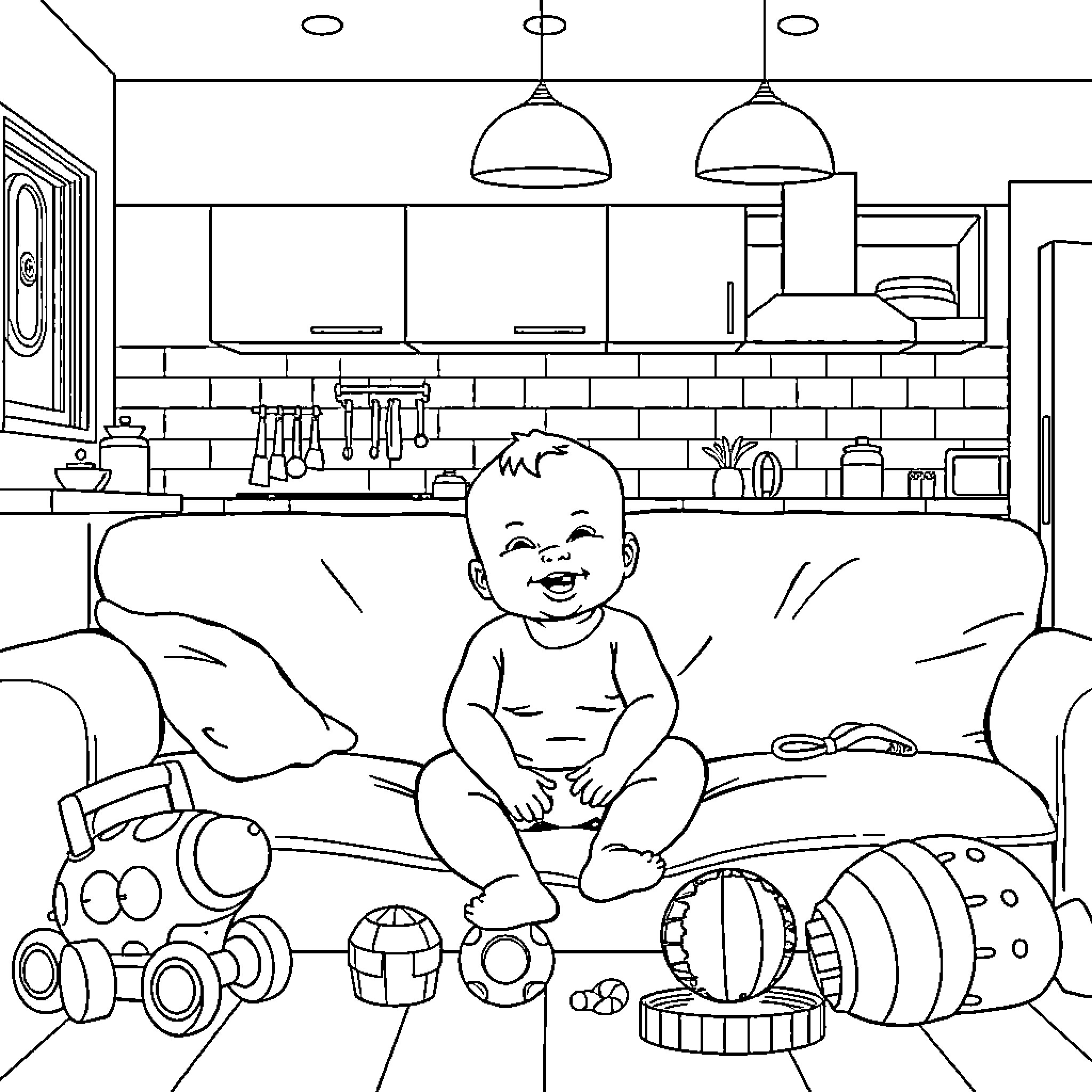 Baby enjoying playtime with toys in the living room Coloring Page (free black-and-white line drawing printable PDF for all, from beginners to advanced learners, including children, teens, adults, and seniors)