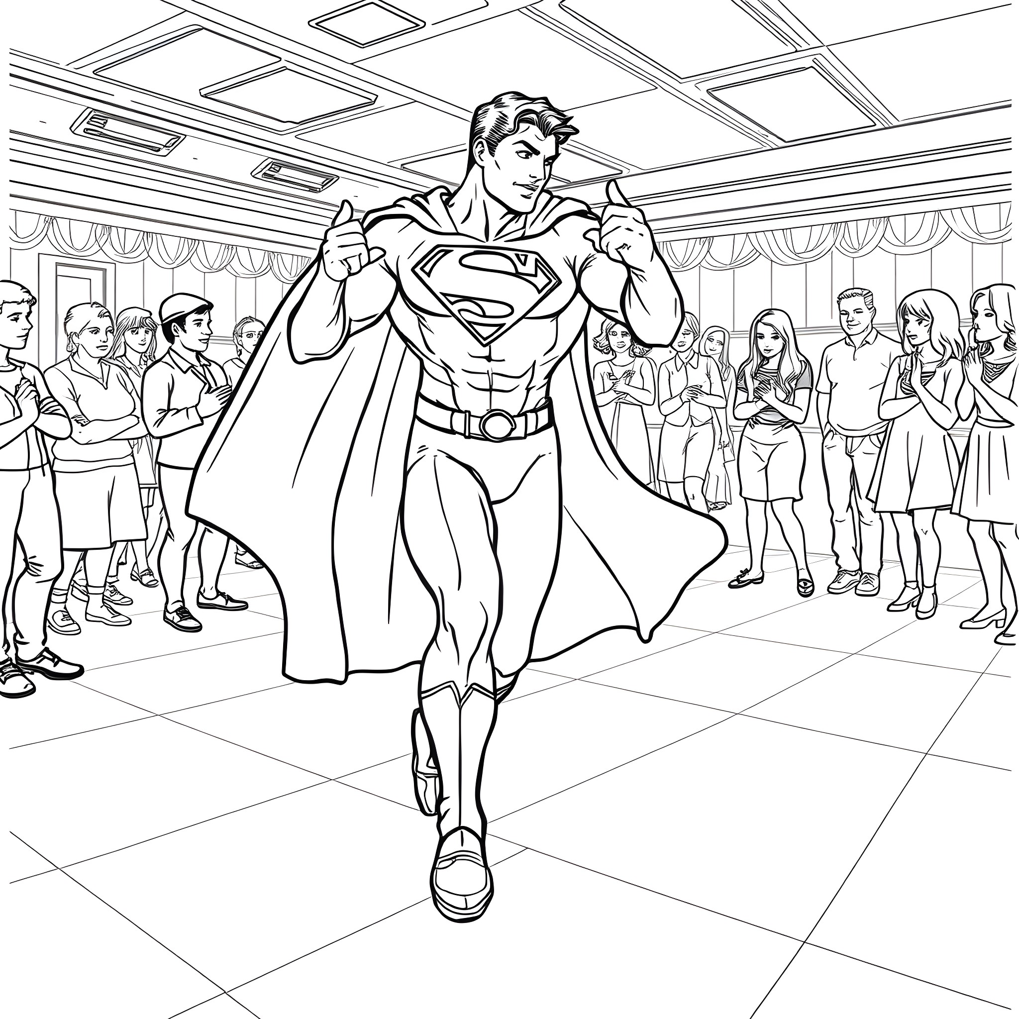 Superman demonstrating heroic stance in public event Coloring Page (free black-and-white line drawing printable PDF for all, from beginners to advanced learners, including children, teens, adults, and seniors)