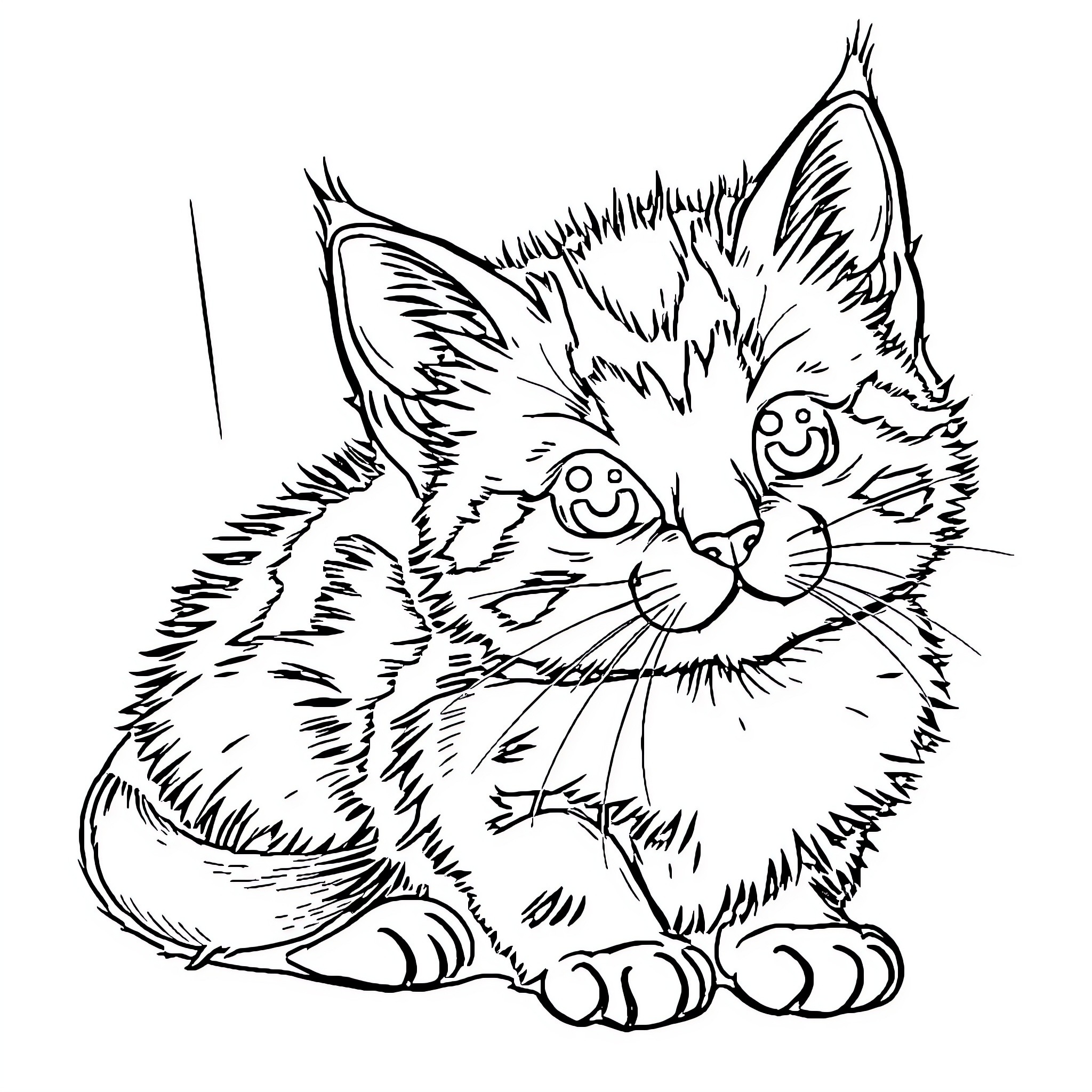 Kitten with Playful Expression Coloring Page (free black-and-white line drawing printable PDF for all, from beginners to advanced learners, including children, teens, adults, and seniors)