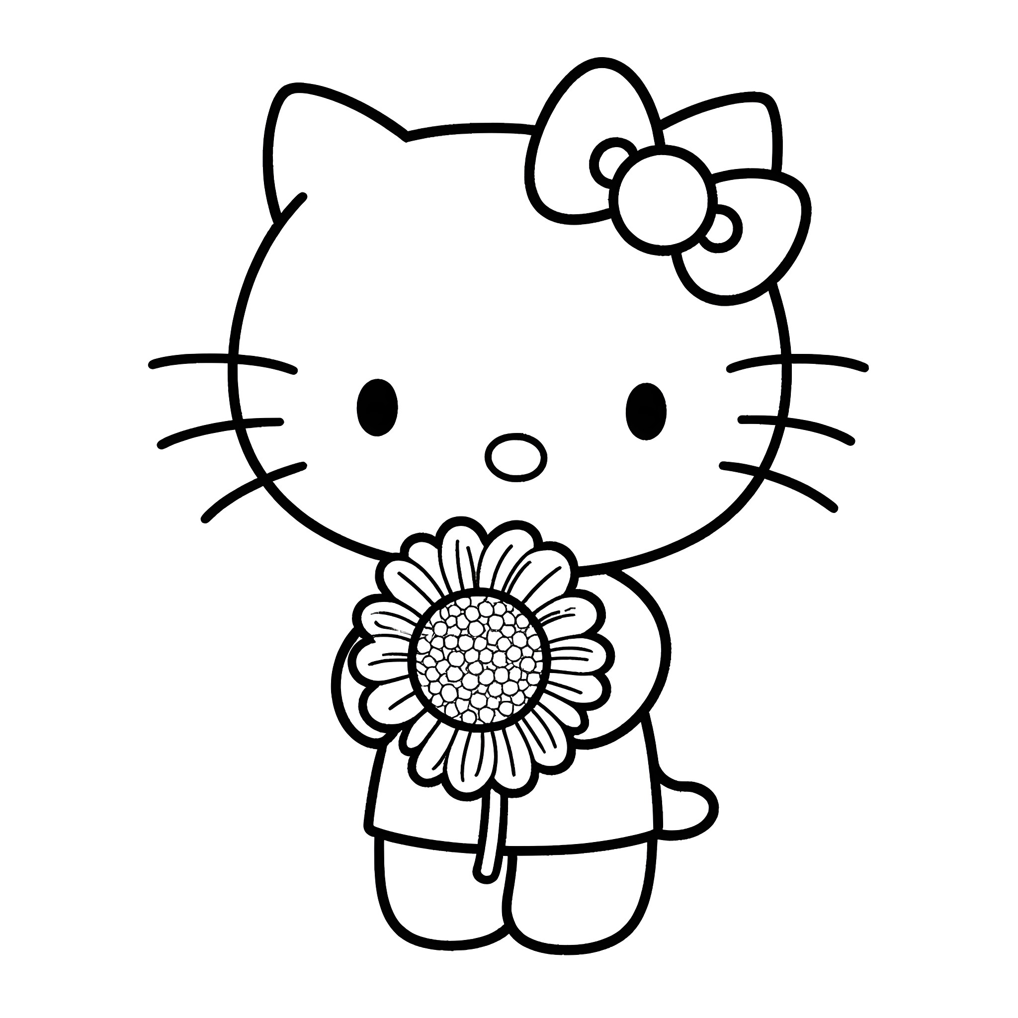 Hello Kitty holding a sunflower Coloring Page (free black-and-white line drawing printable PDF for all, from beginners to advanced learners, including children, teens, adults, and seniors)