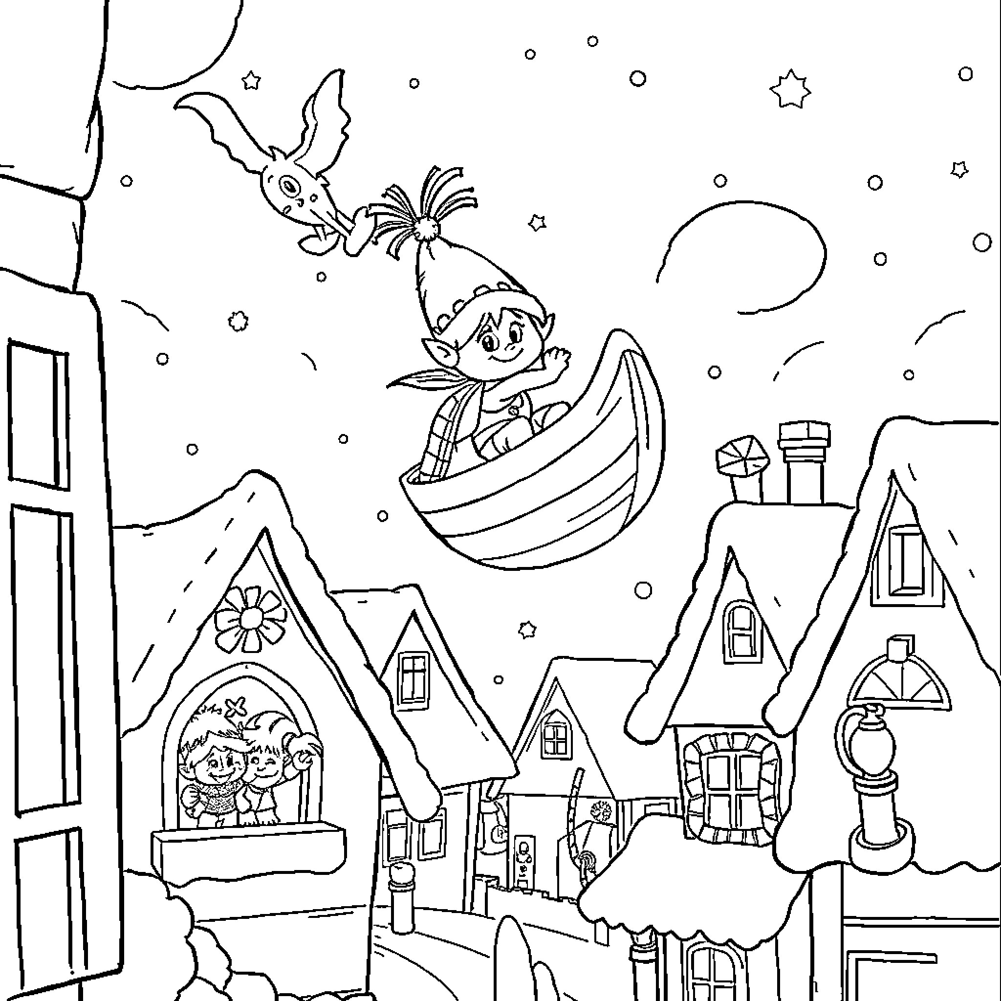 Reno Nighttime Adventure with Whimsical Figures Coloring Page (free black-and-white line drawing printable PDF for all, from beginners to advanced learners, including children, teens, adults, and seniors)