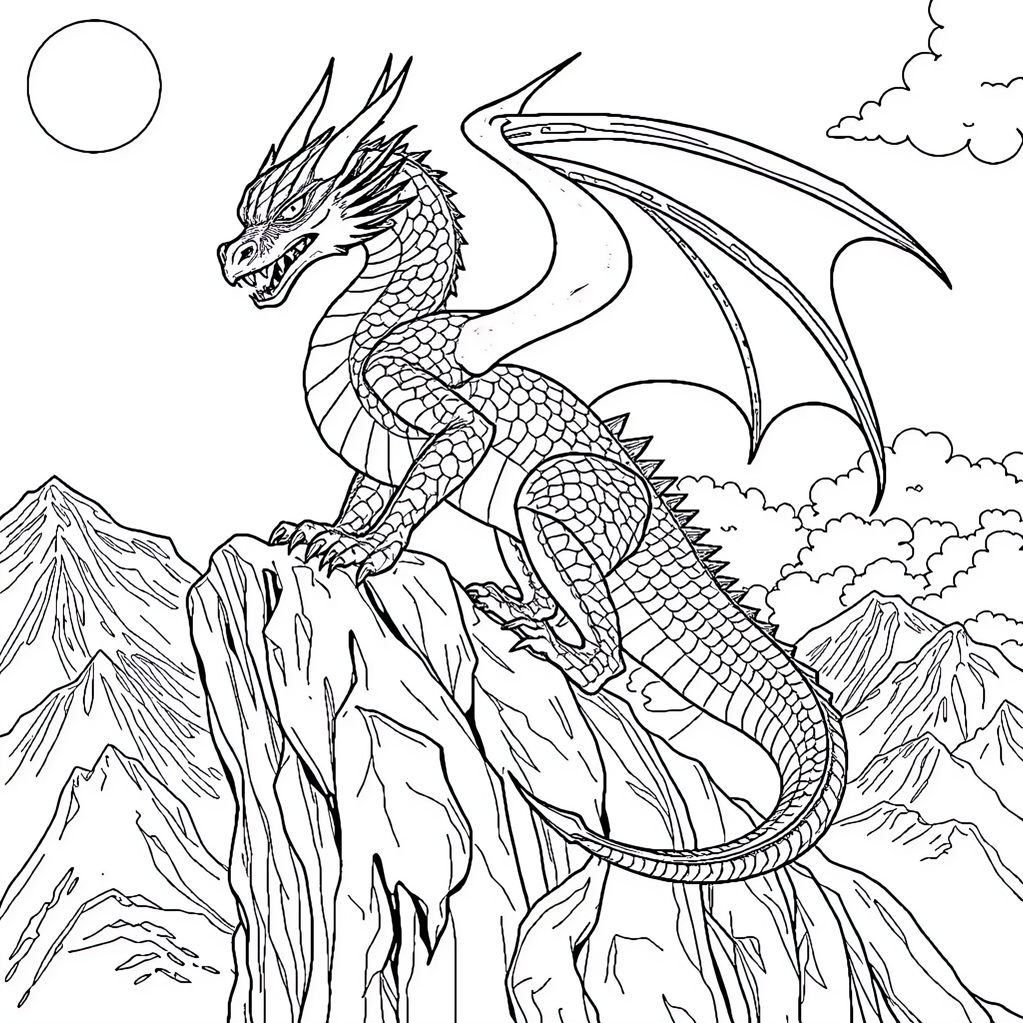 Dragon soaring over majestic mountain peaks Coloring Page (free black-and-white line drawing printable PDF for all, from beginners to advanced learners, including children, teens, adults, and seniors)